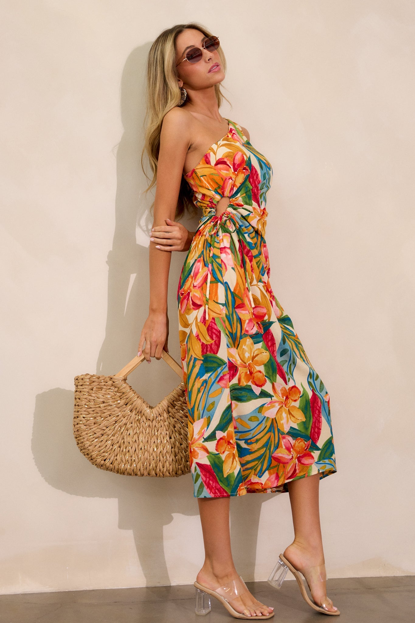 Safe To Say Multi Print One Shoulder Midi Dress
