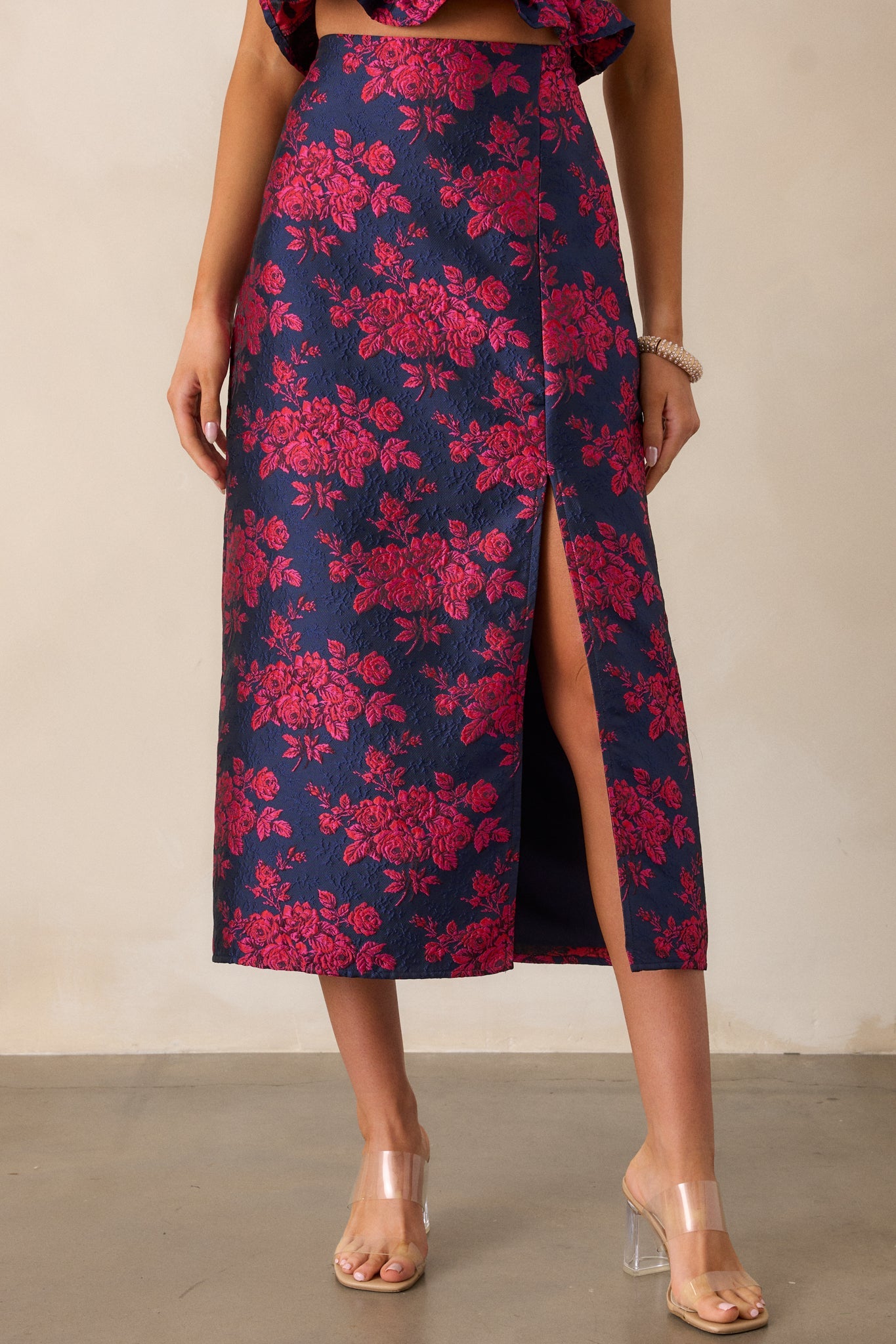 Pieces Of My Heart Magenta Floral Jacquard Midi Skirt
