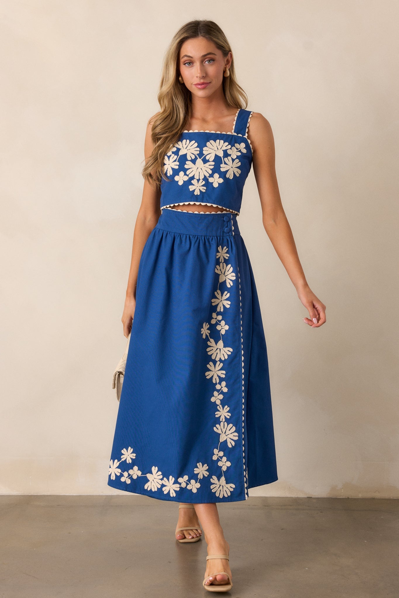 Lovely Blooms Blue Embroidered Floral Midi Skirt