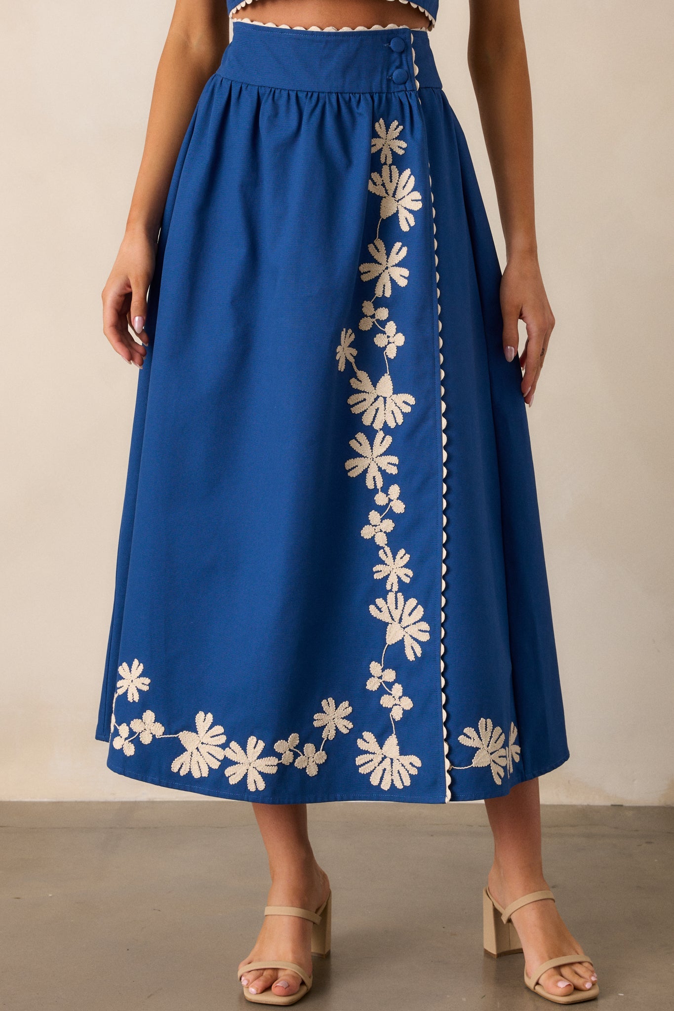 Lovely Blooms Blue Embroidered Floral Midi Skirt