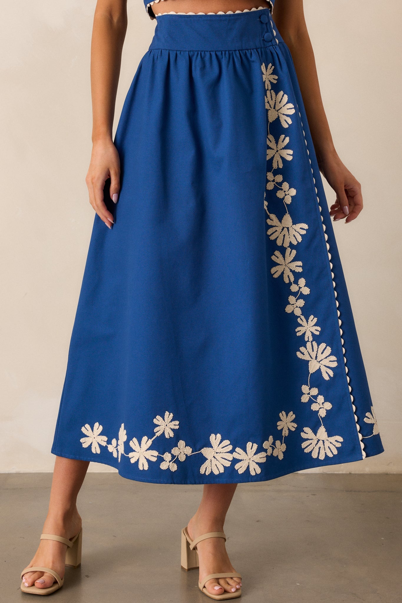 Lovely Blooms Blue Embroidered Floral Midi Skirt