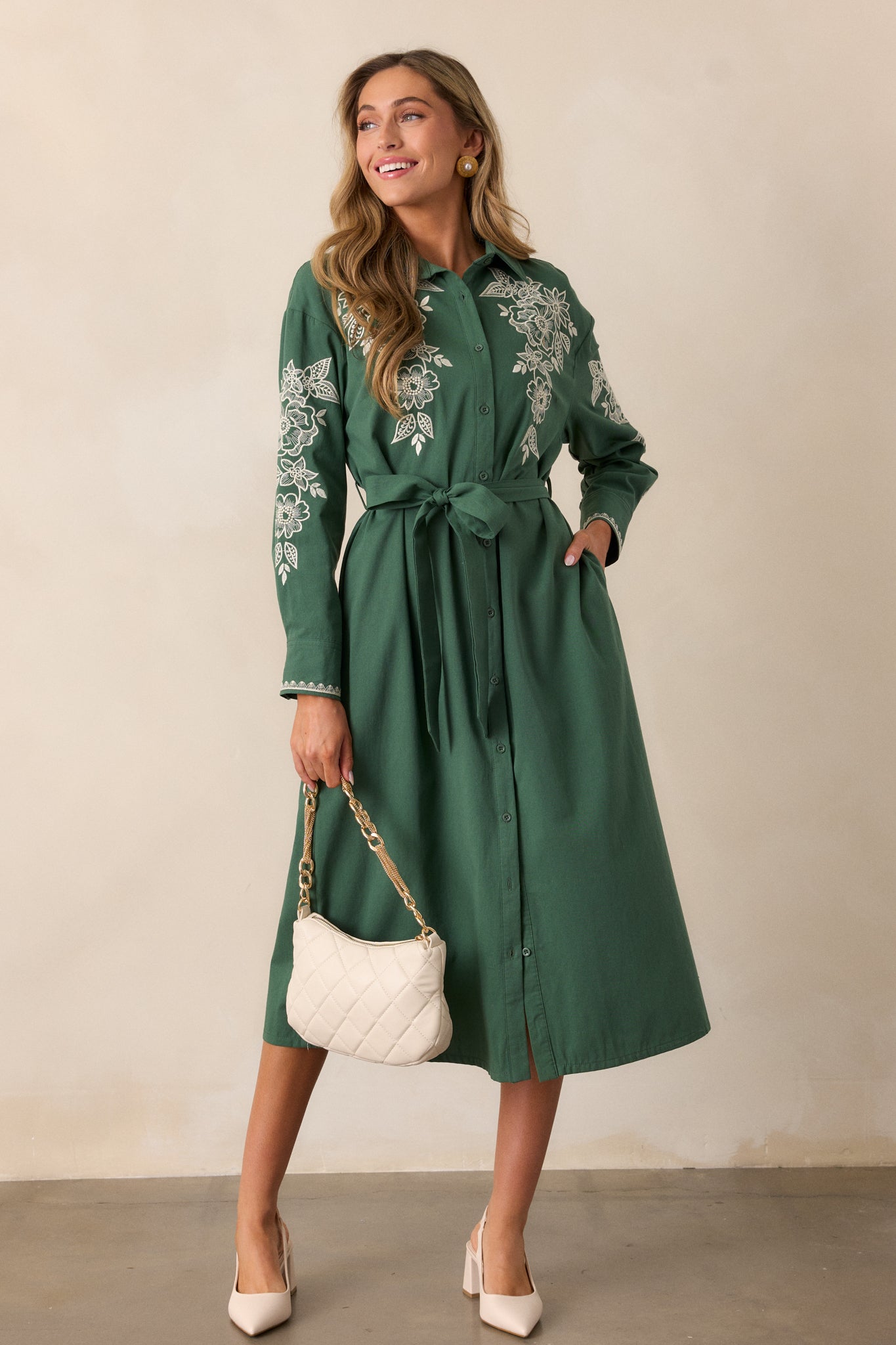 Leaves Of Tomorrow 100% Cotton Forest Green Long Sleeve Midi Dress