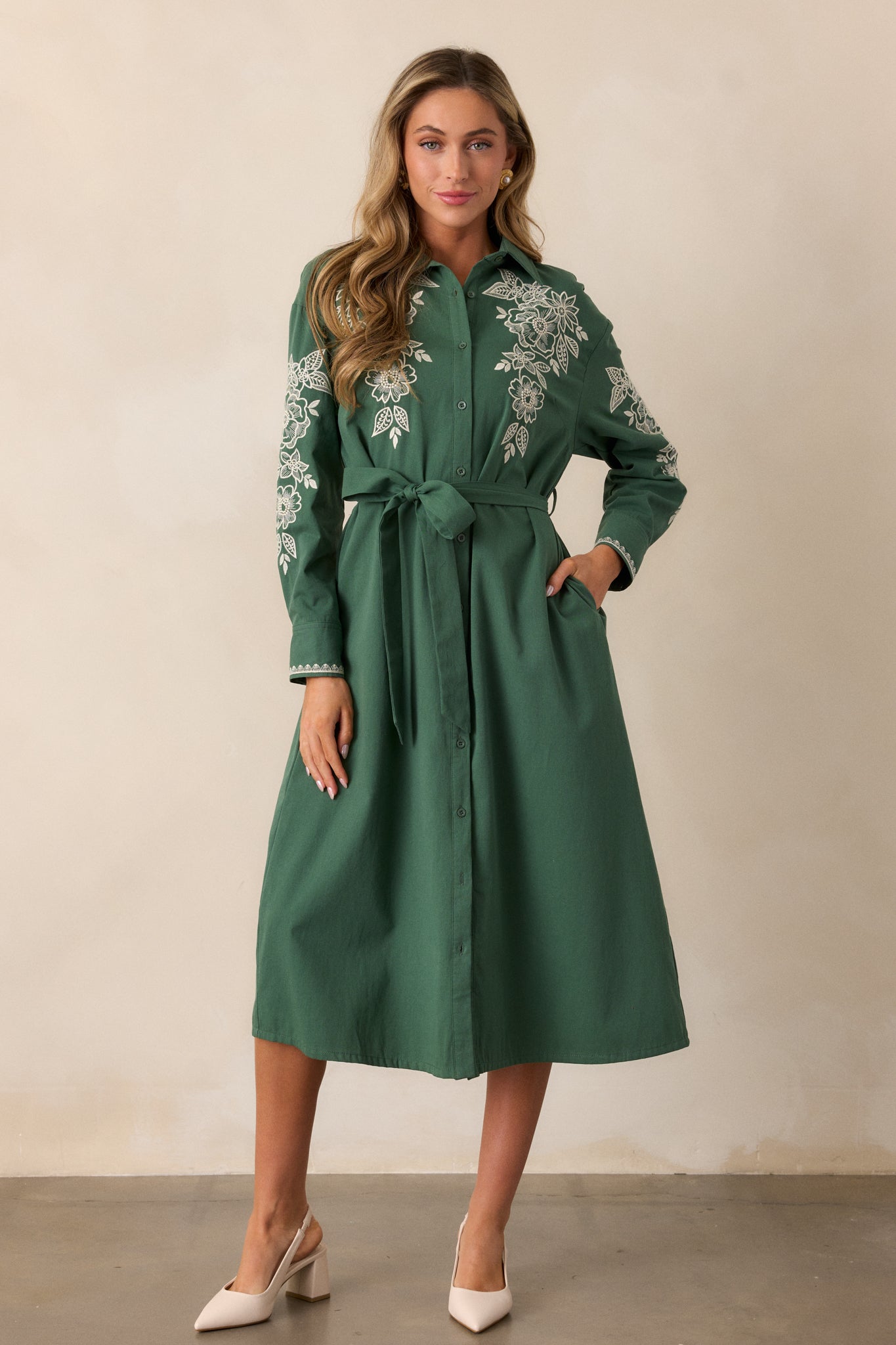 Leaves Of Tomorrow 100% Cotton Forest Green Long Sleeve Midi Dress