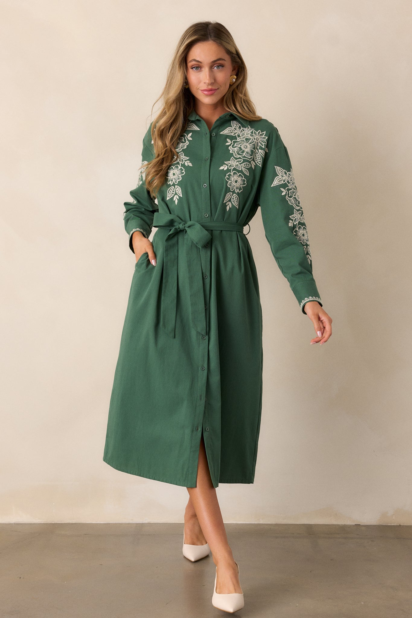 Leaves Of Tomorrow 100% Cotton Forest Green Long Sleeve Midi Dress