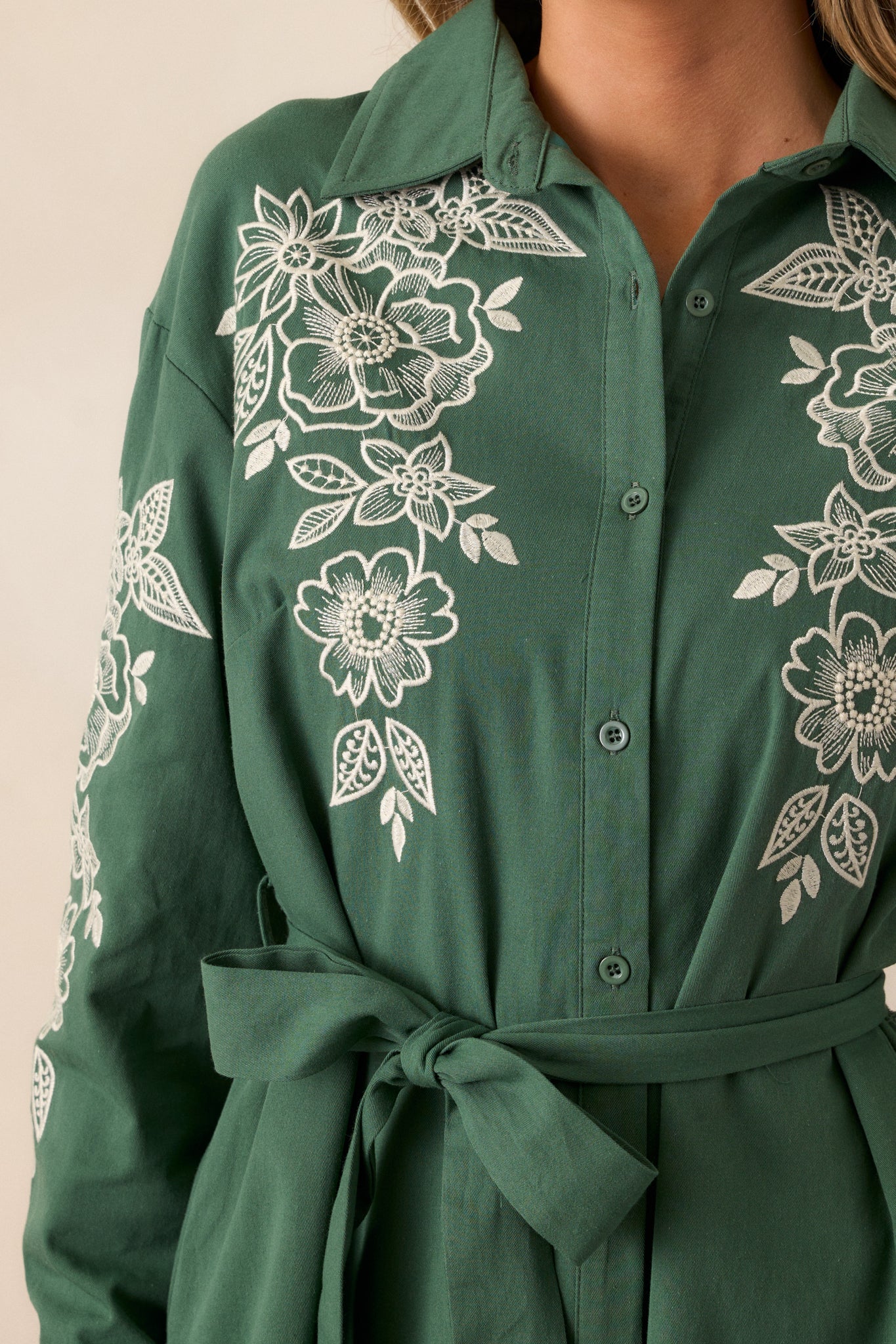 Leaves Of Tomorrow 100% Cotton Forest Green Long Sleeve Midi Dress