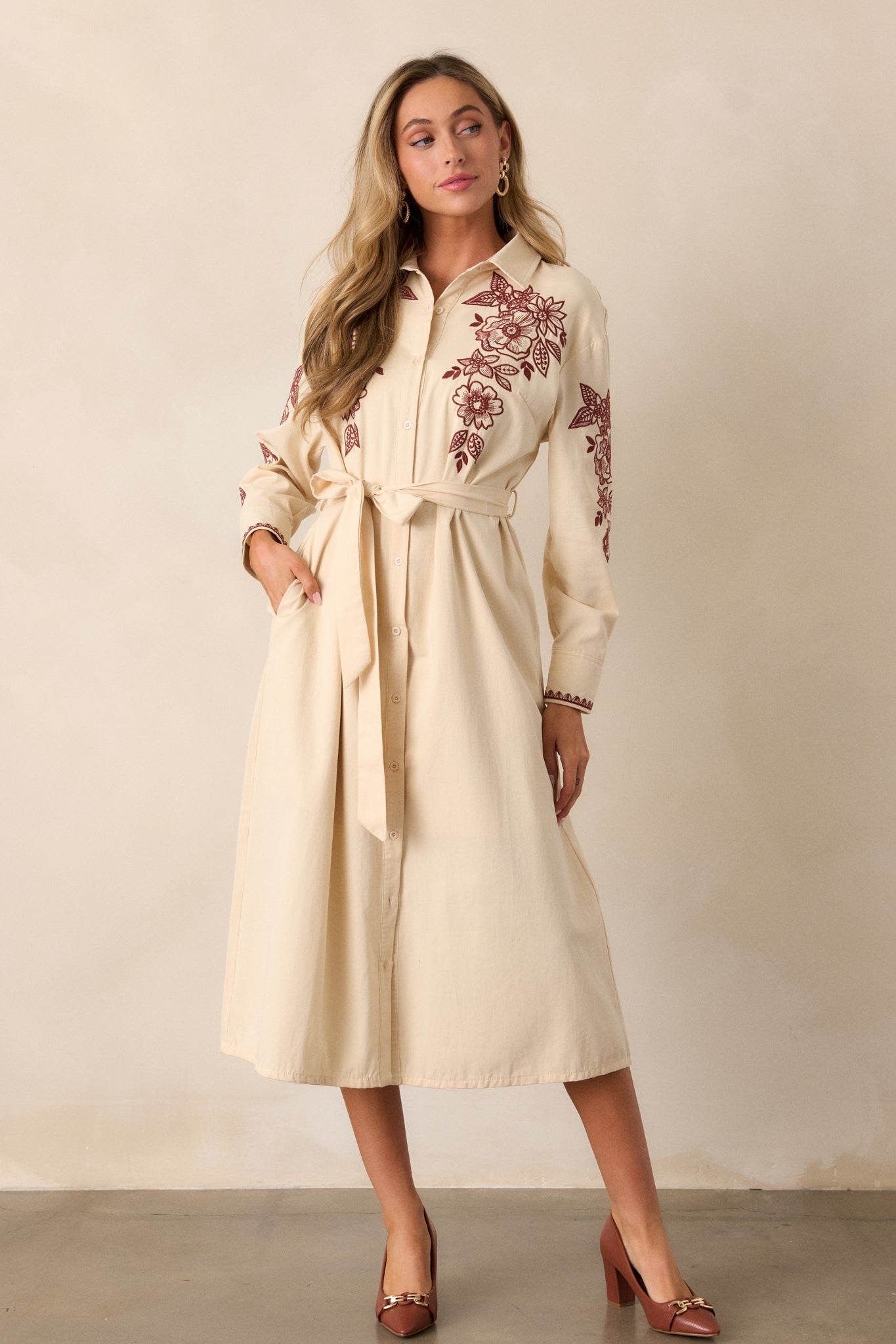 Leaves Of Tomorrow 100% Cotton Oatmeal Long Sleeve Midi Dress