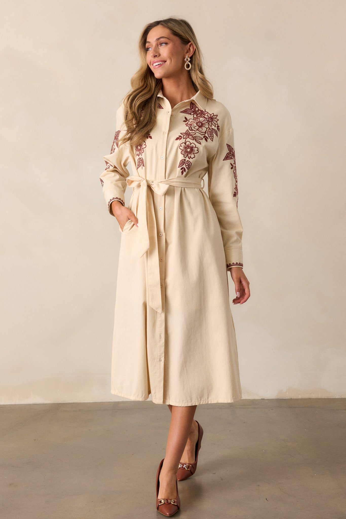 Leaves Of Tomorrow 100% Cotton Oatmeal Long Sleeve Midi Dress