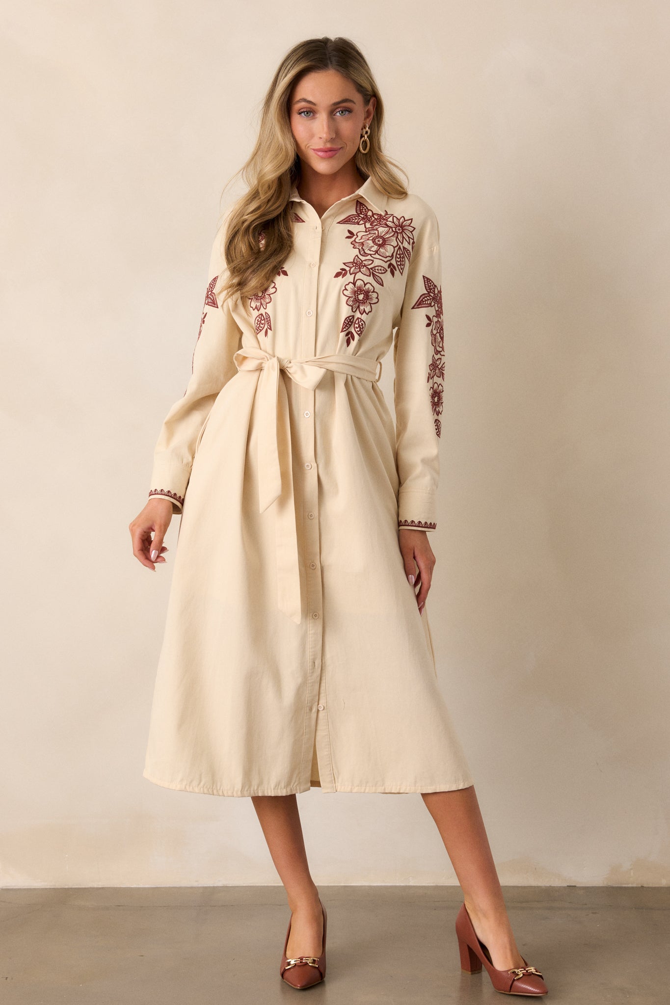 Leaves Of Tomorrow 100% Cotton Oatmeal Long Sleeve Midi Dress
