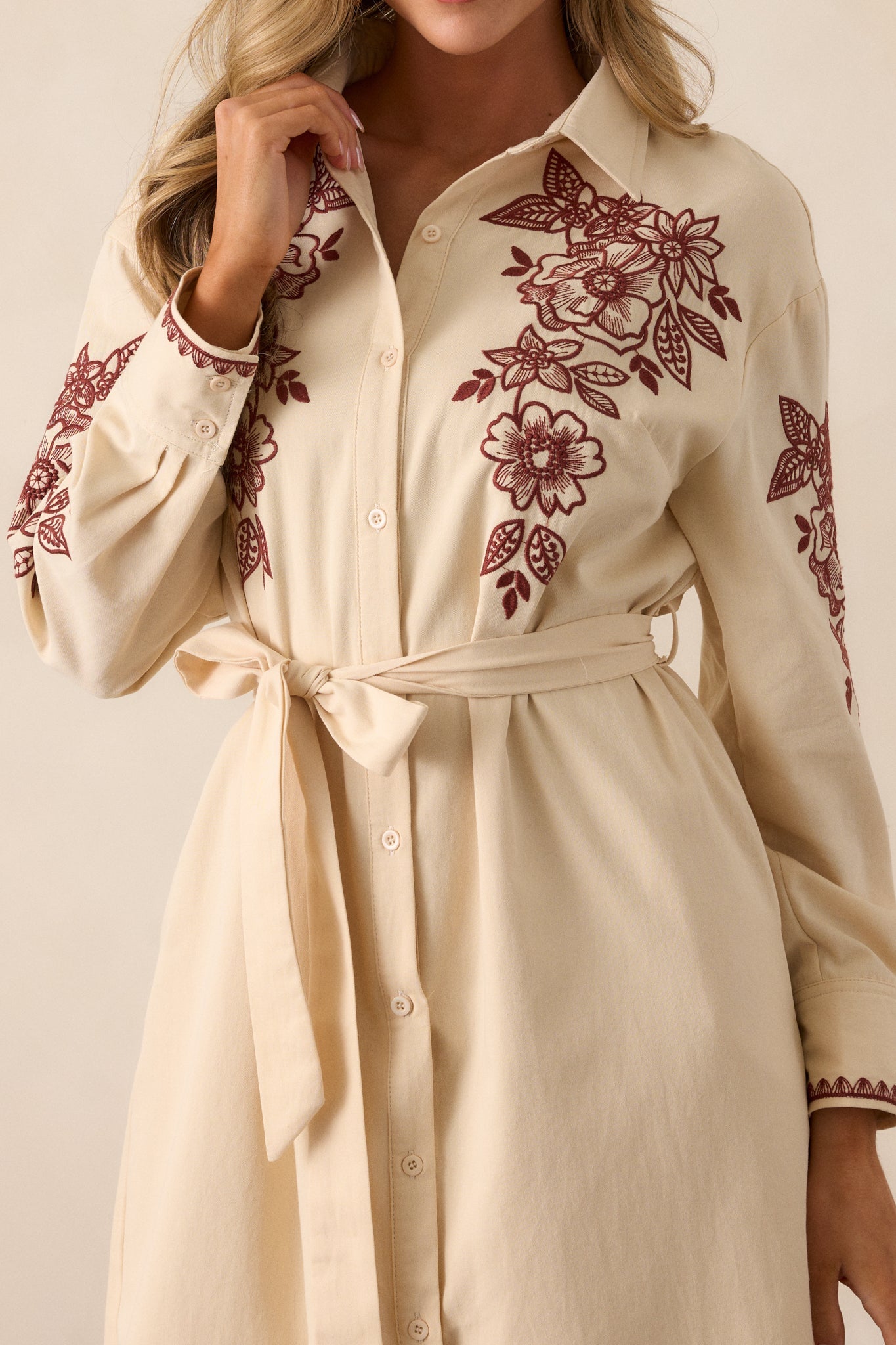 Leaves Of Tomorrow 100% Cotton Oatmeal Long Sleeve Midi Dress