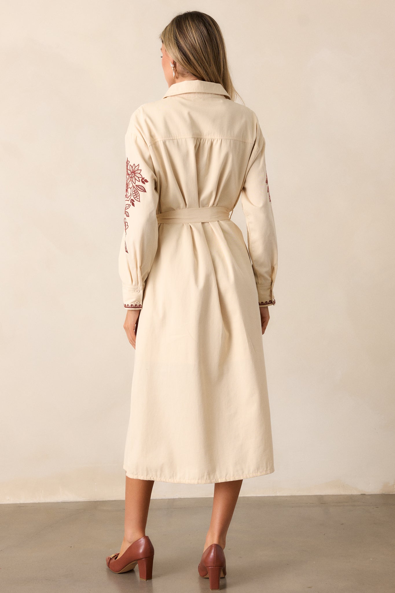 Leaves Of Tomorrow 100% Cotton Oatmeal Long Sleeve Midi Dress