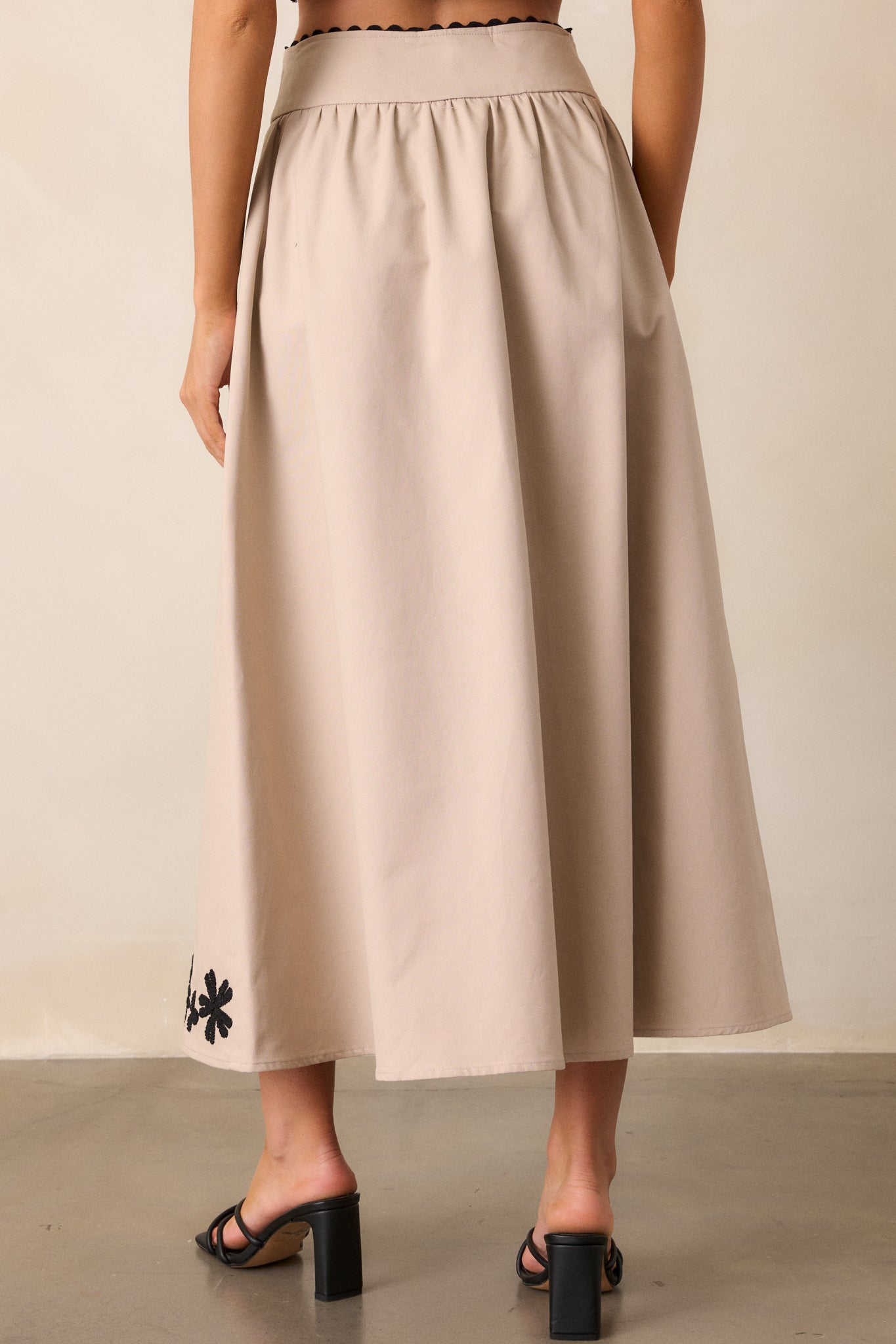 Lovely Blooms Taupe Embroidered Floral Midi Skirt