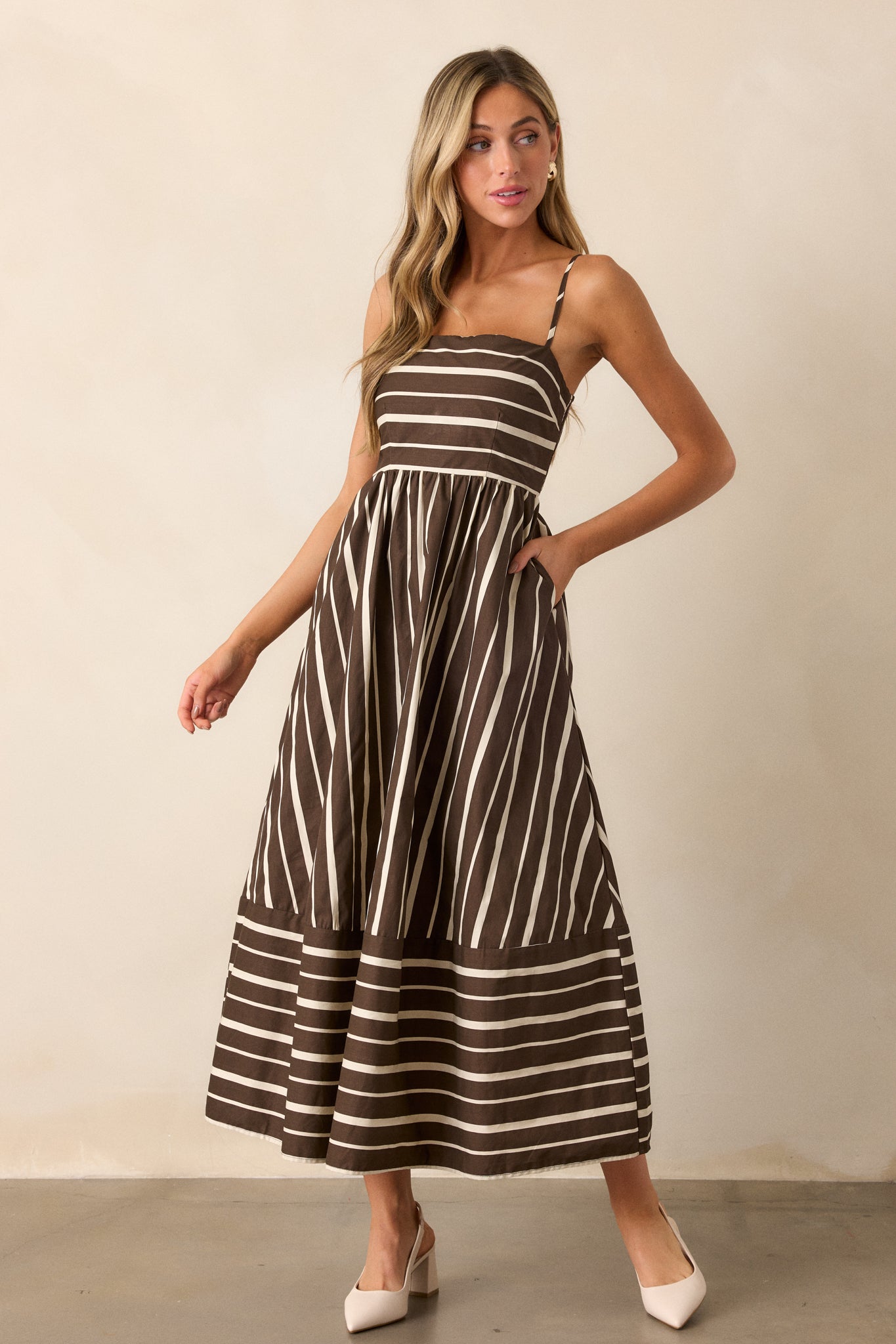The Art of Balance 100% Cotton Brown Stripe Sleeveless Midi Dress