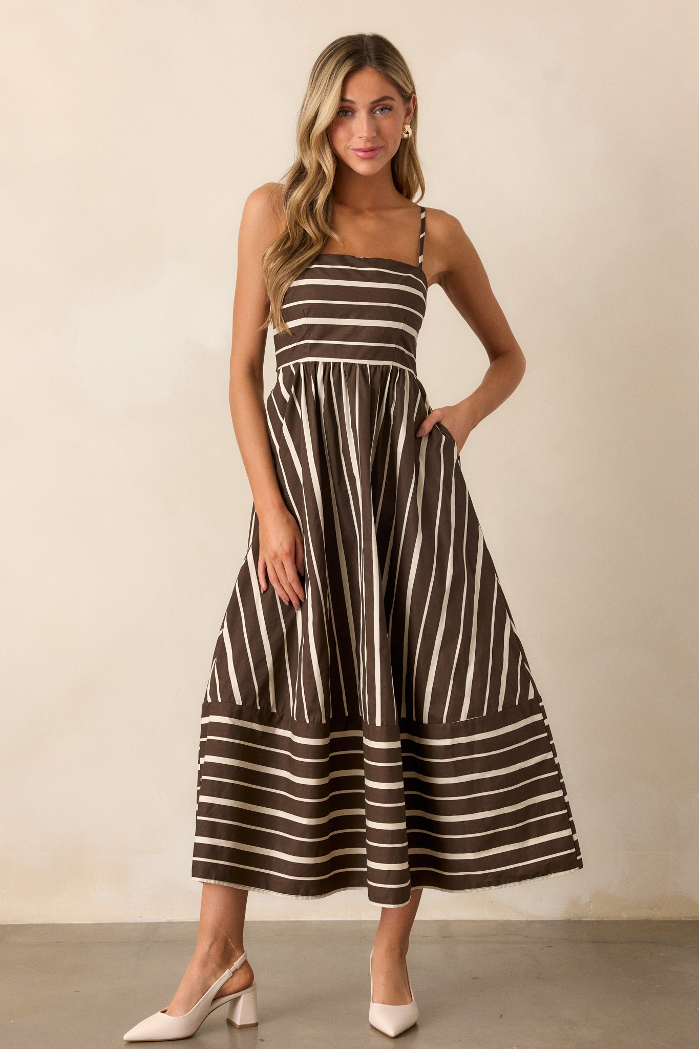 The Art of Balance 100% Cotton Brown Stripe Sleeveless Midi Dress