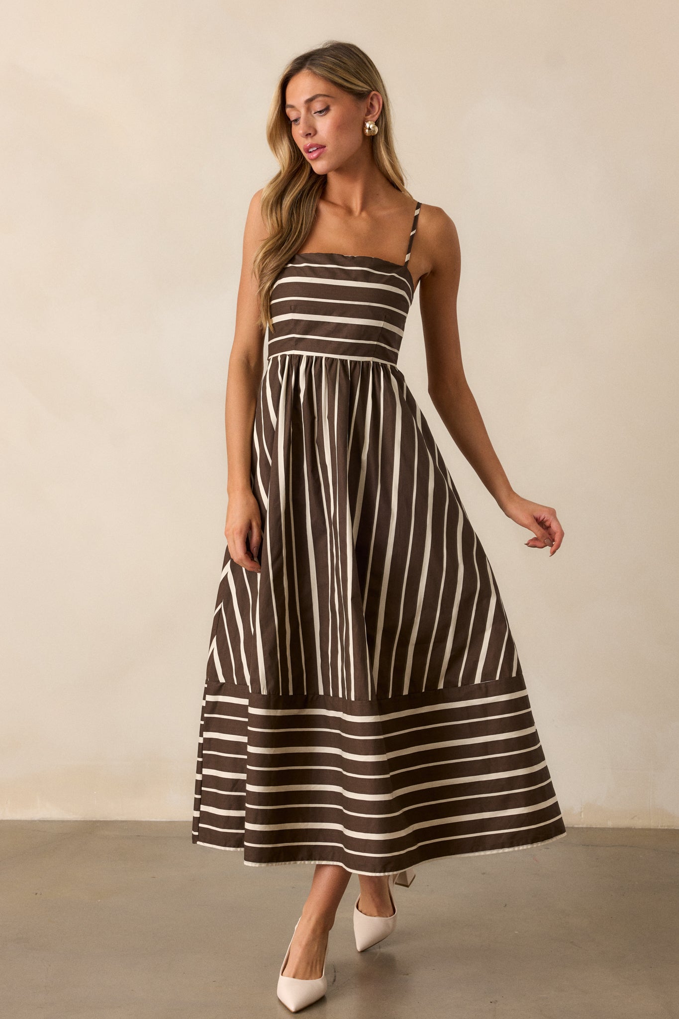 The Art of Balance 100% Cotton Brown Stripe Sleeveless Midi Dress