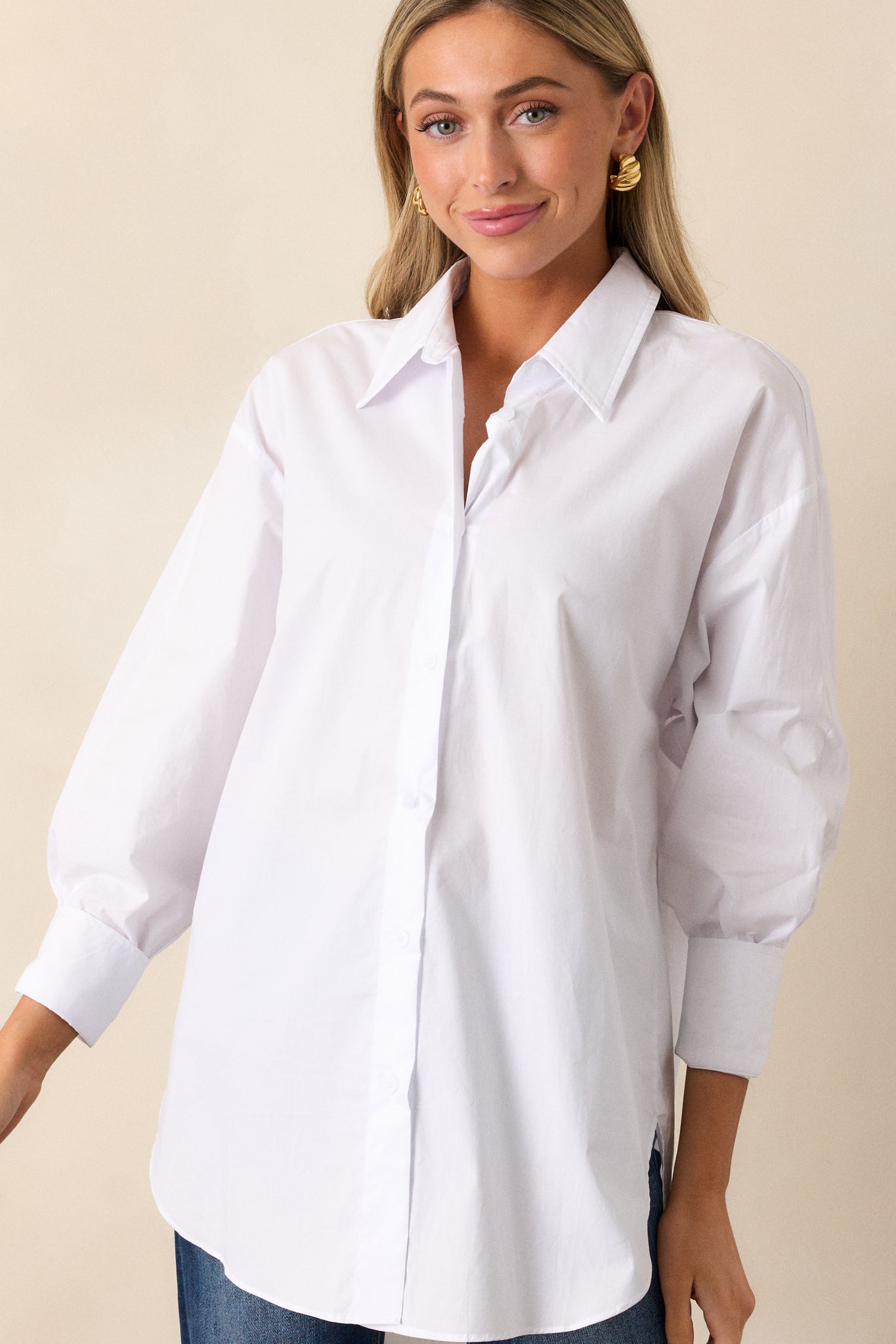 Came Prepared 100% Cotton White Long Sleeve Button Front Top
