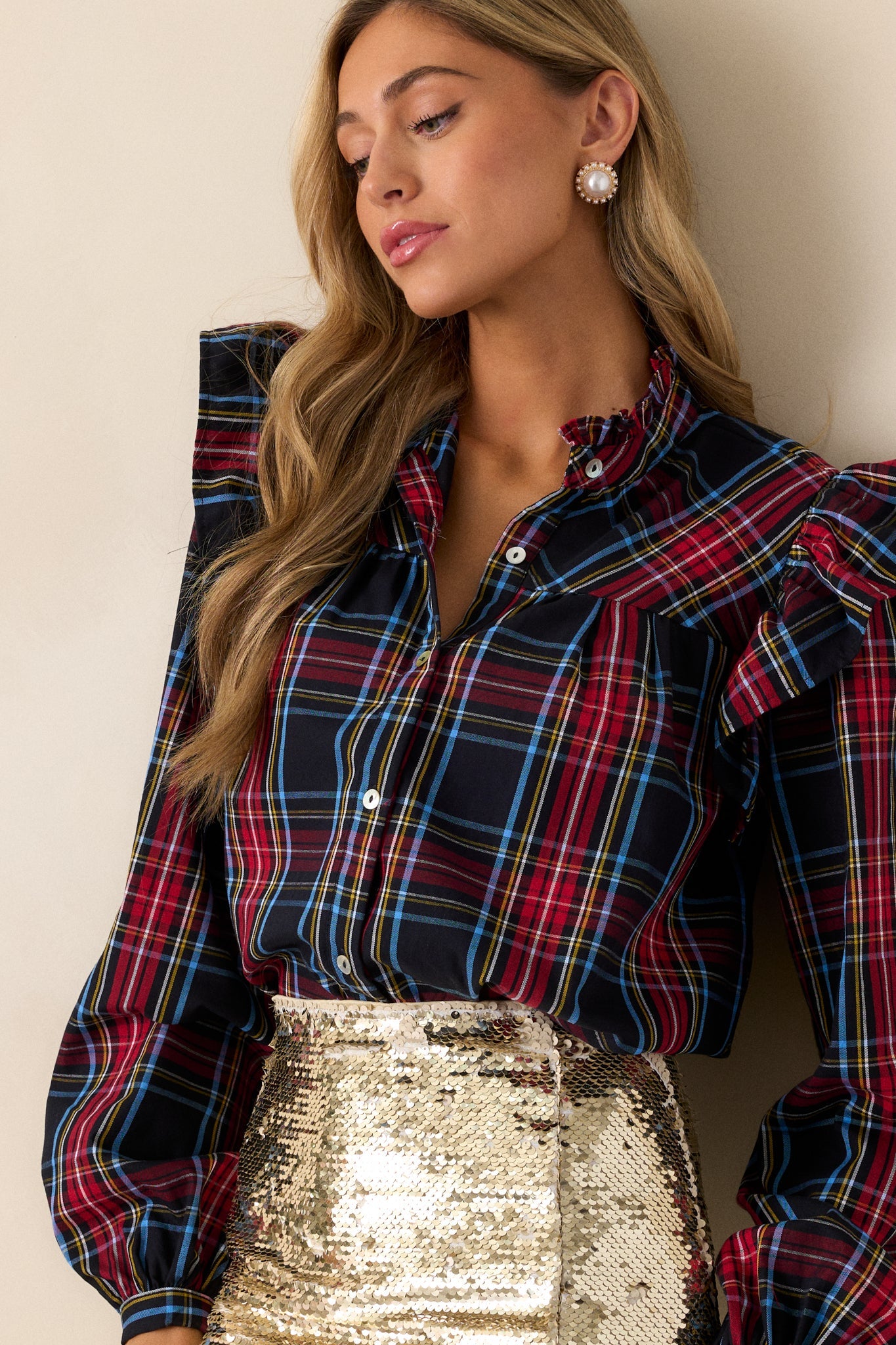 Sled You Go 100% Cotton Black Plaid Button Front Top