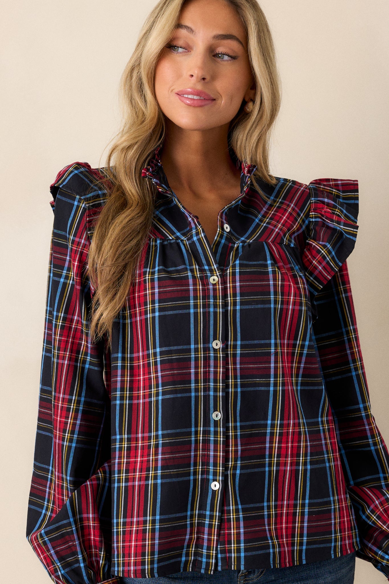 Sled You Go 100% Cotton Black Plaid Button Front Top