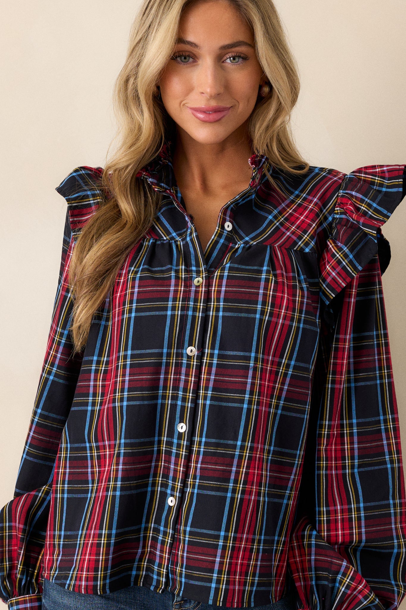 Sled You Go 100% Cotton Black Plaid Button Front Top