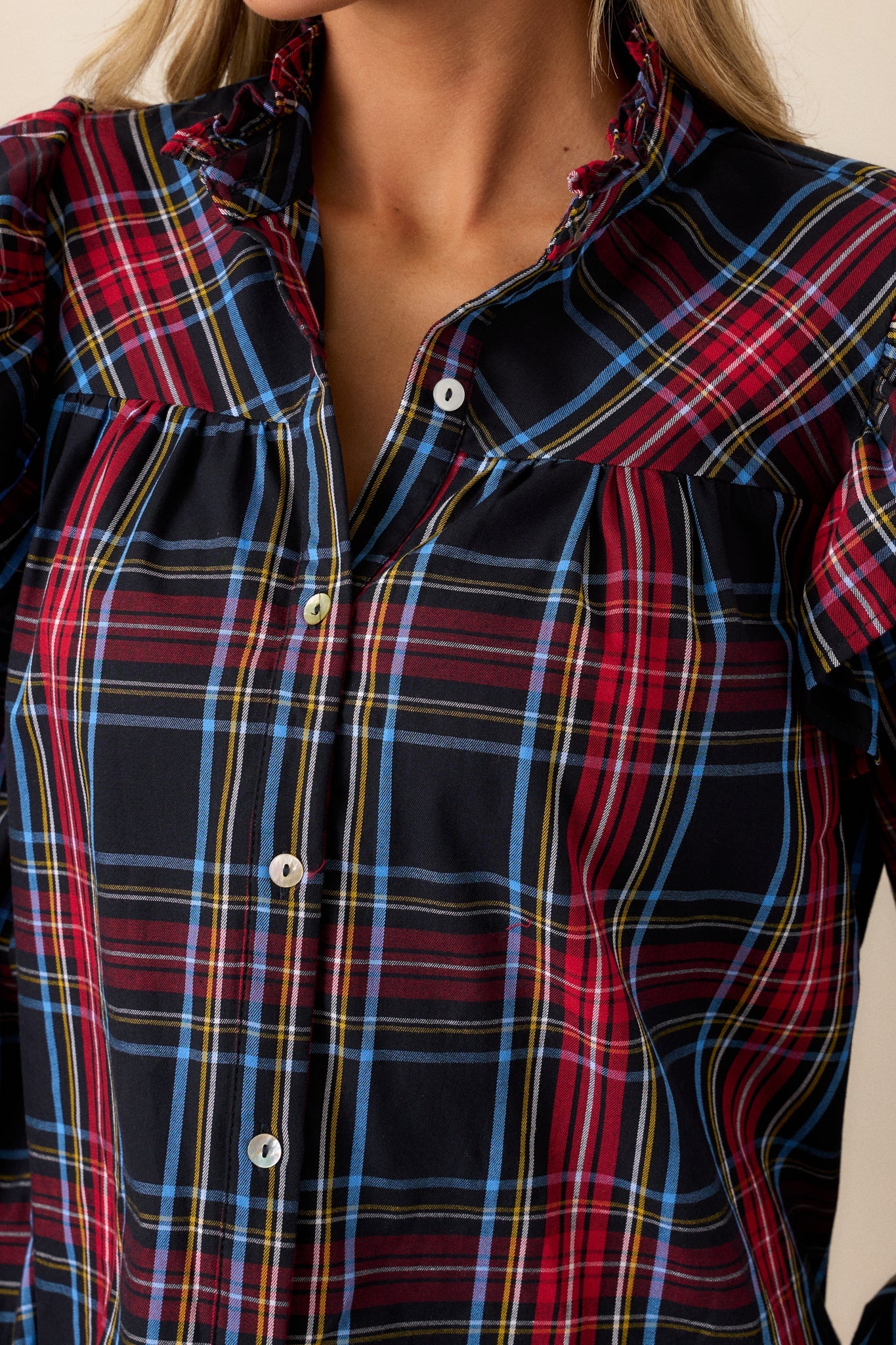 Sled You Go 100% Cotton Black Plaid Button Front Top