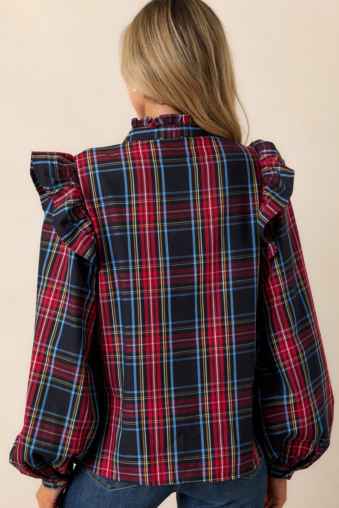 Sled You Go 100% Cotton Black Plaid Button Front Top