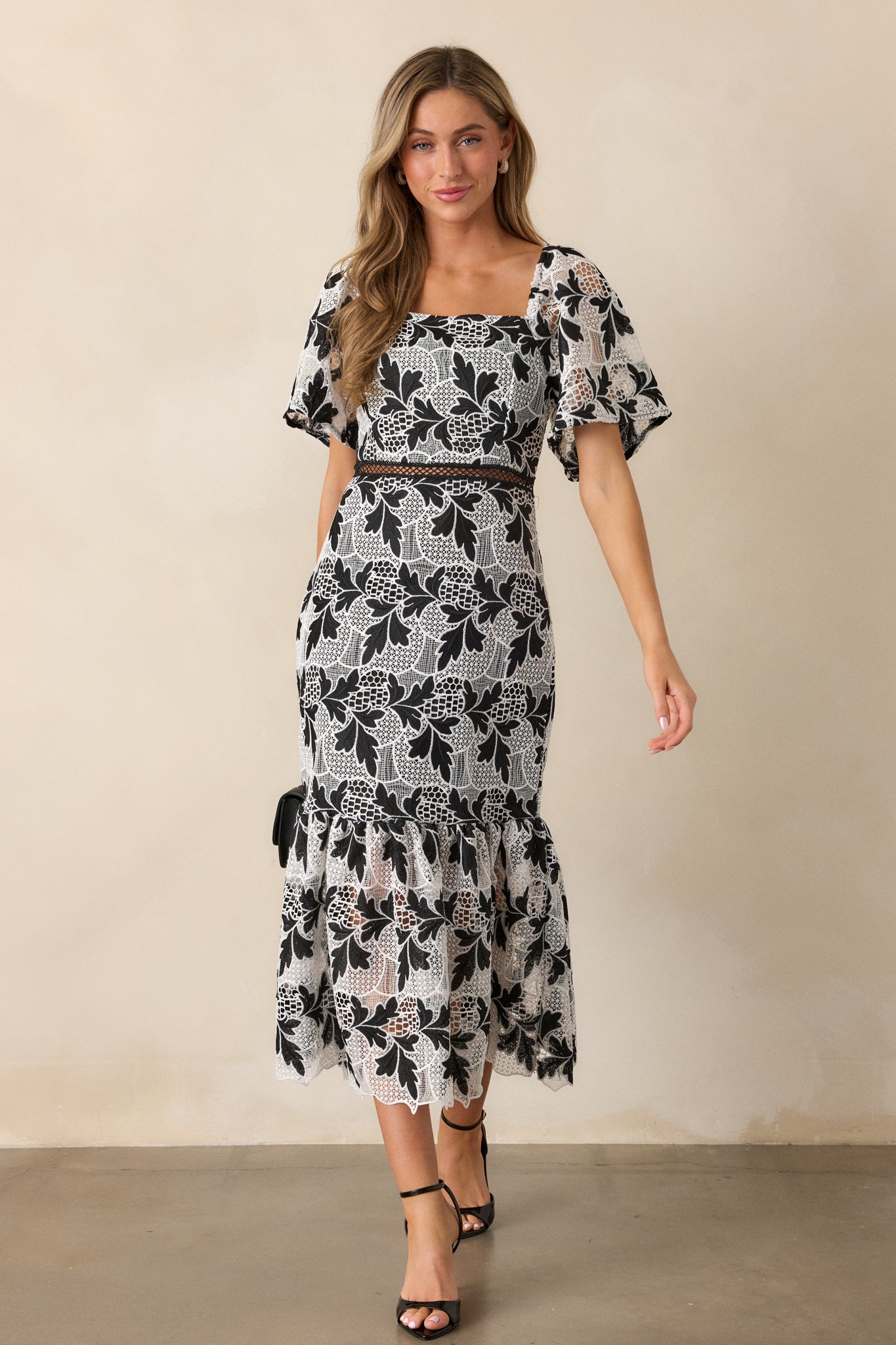 In This Moment Black & White Embroidered Midi Dress