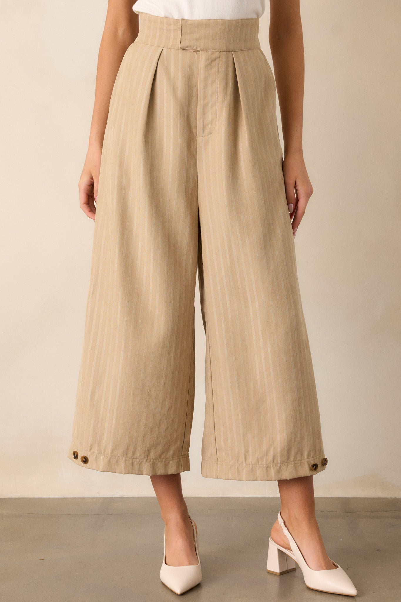 Get With It Almond Pinstripe Cropped Wide Leg Pants