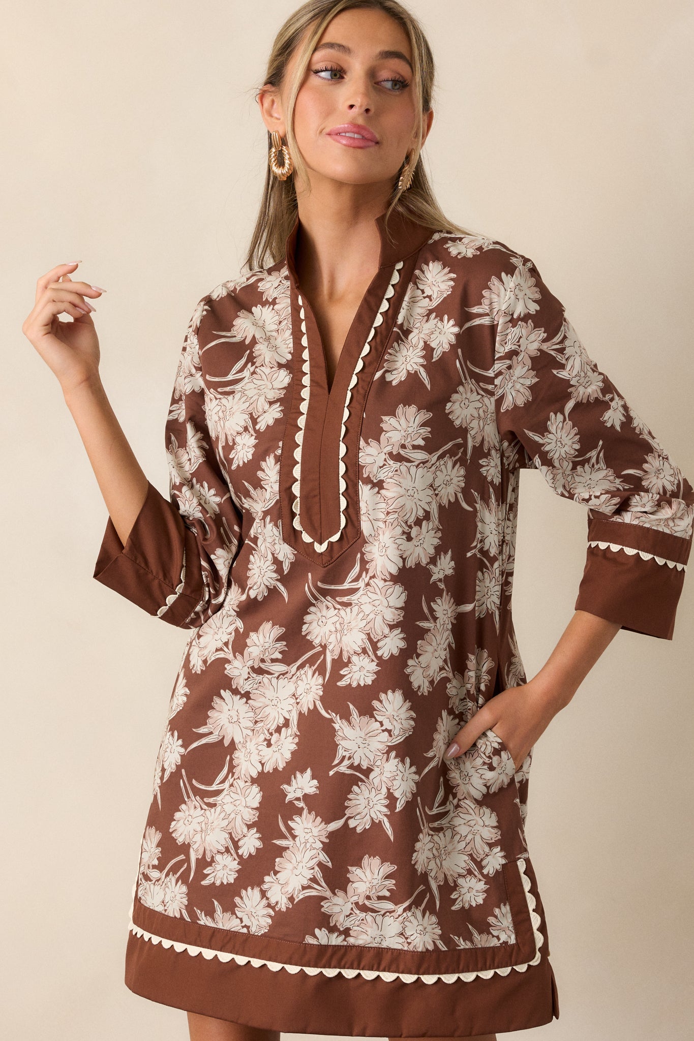 Orchid's Whisper 100% Cotton Chocolate Floral Long Sleeve Mini Dress