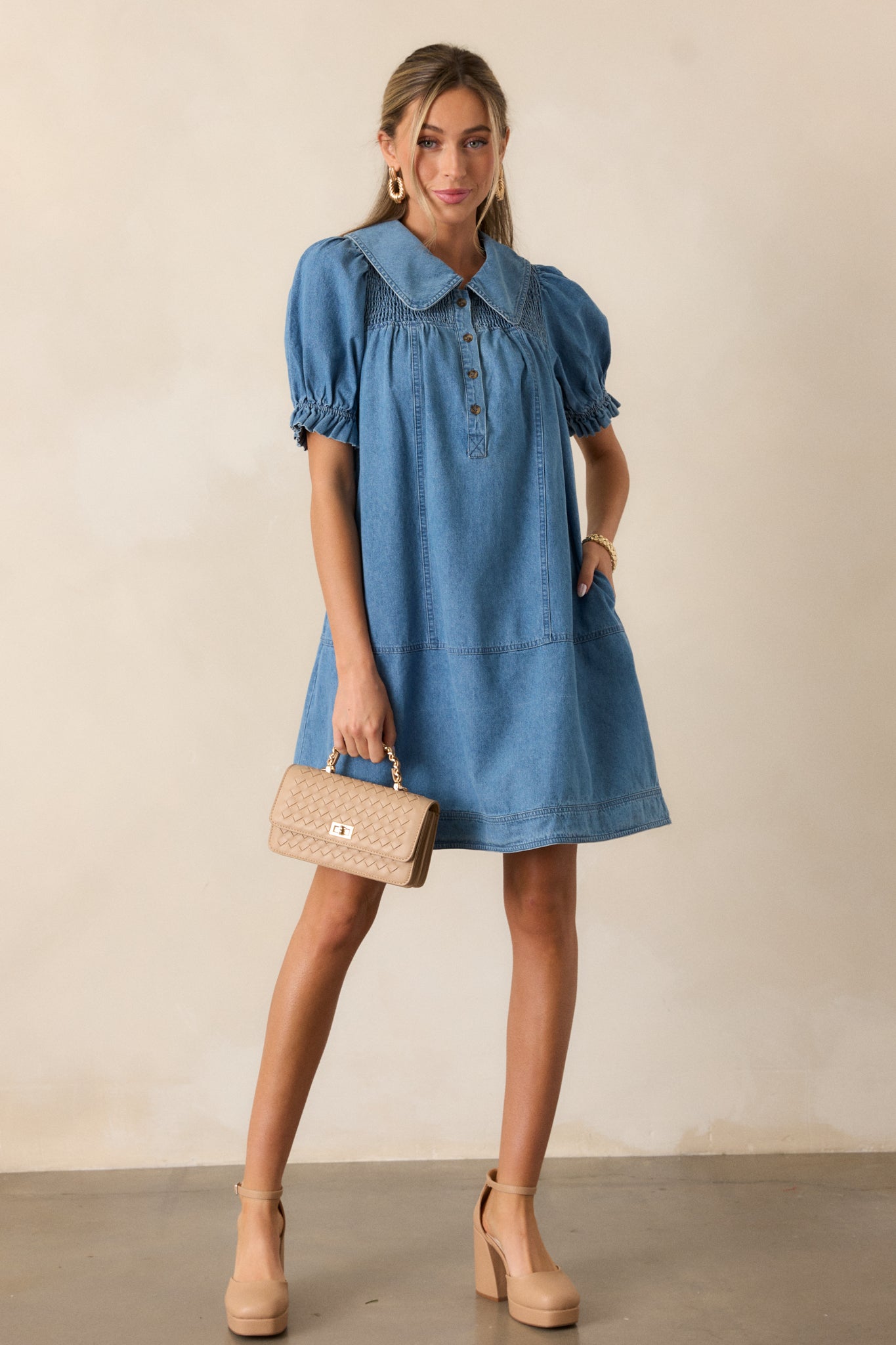The Tide Calls 100% Cotton Medium Wash Denim Mini Dress