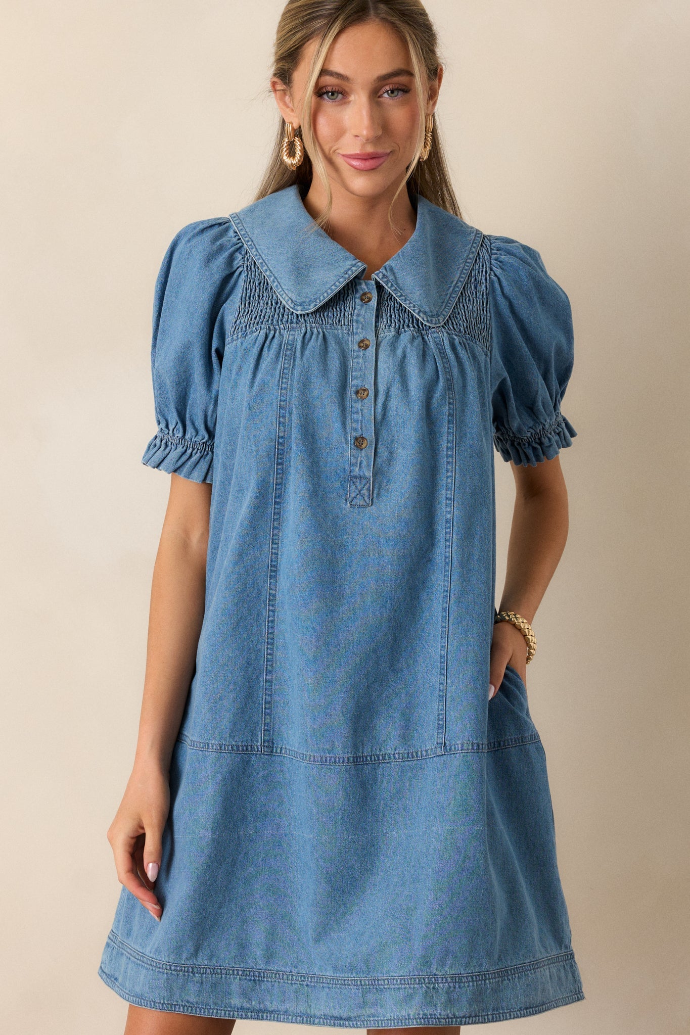 The Tide Calls 100% Cotton Medium Wash Denim Mini Dress