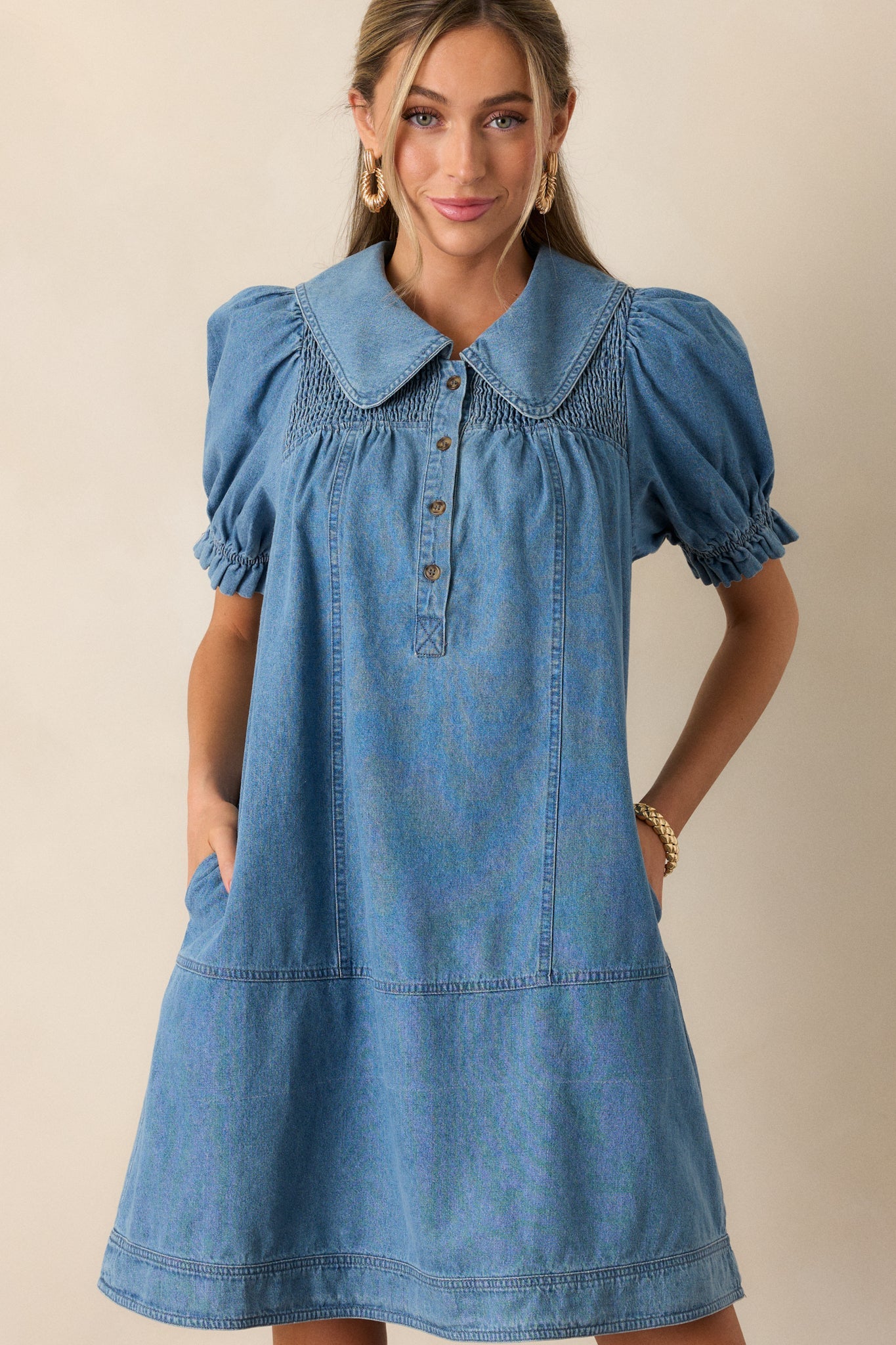 The Tide Calls 100% Cotton Medium Wash Denim Mini Dress