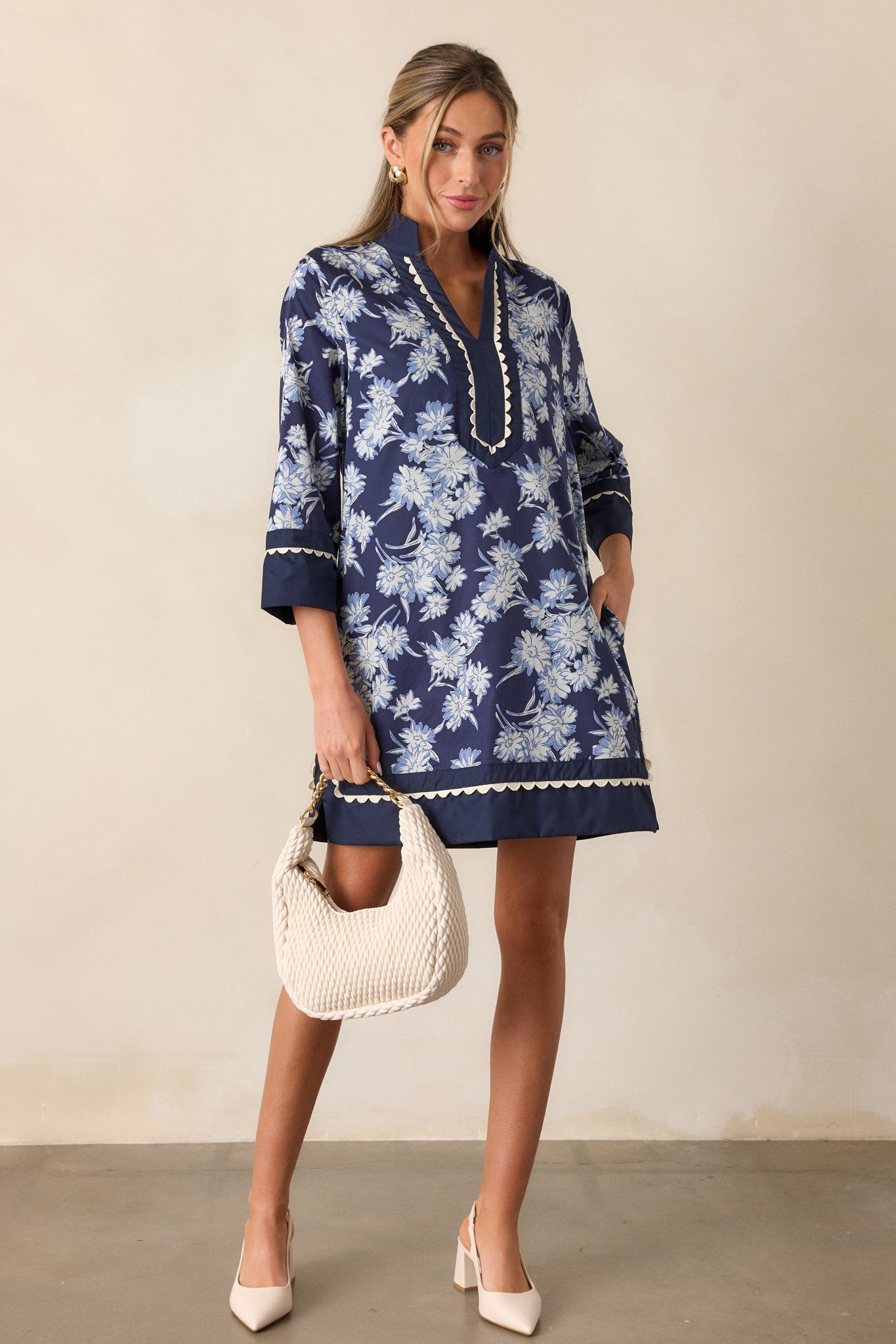 Orchid's Whisper 100% Cotton Navy Floral Long Sleeve Mini Dress