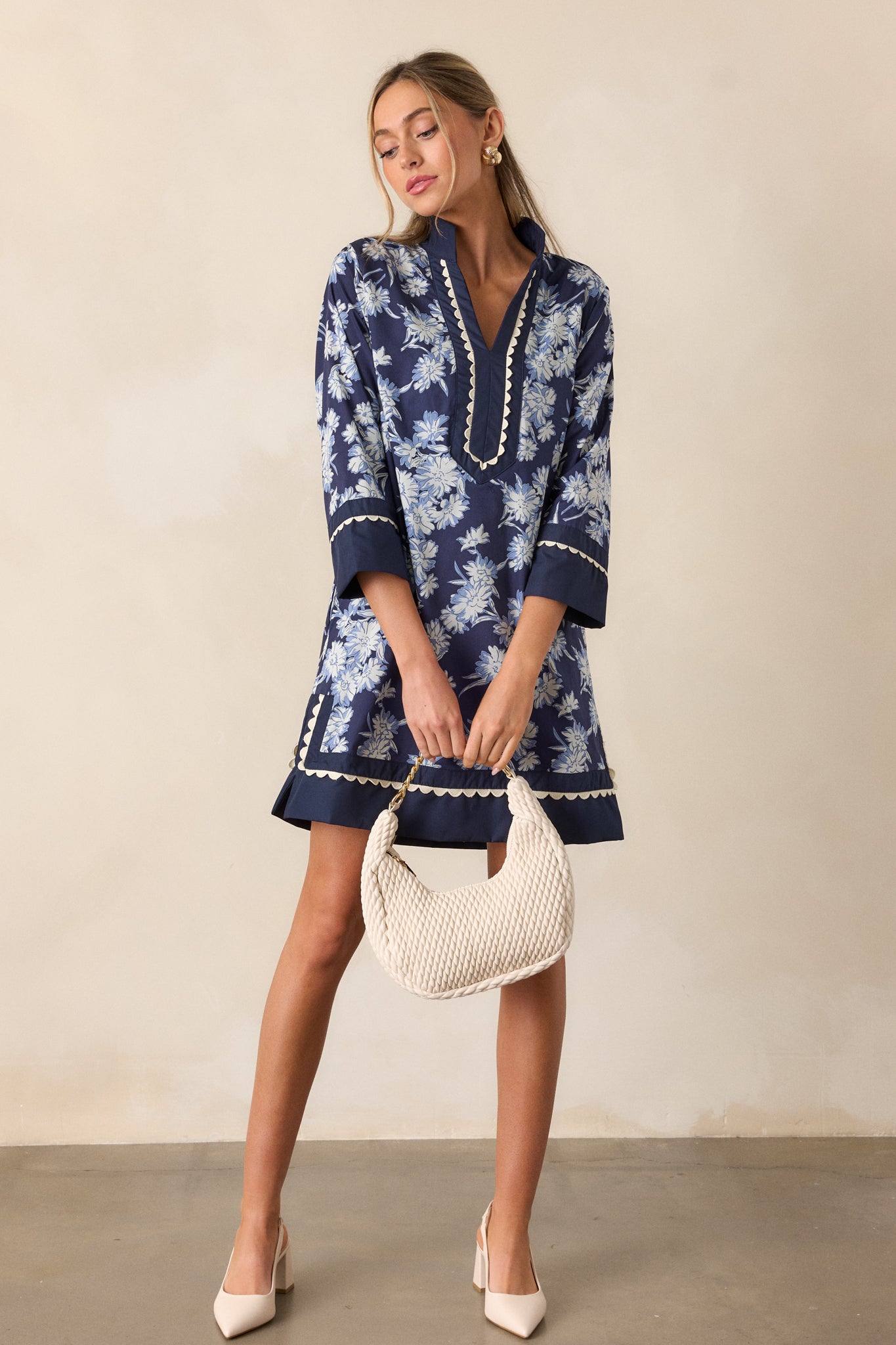 Orchid's Whisper 100% Cotton Navy Floral Long Sleeve Mini Dress