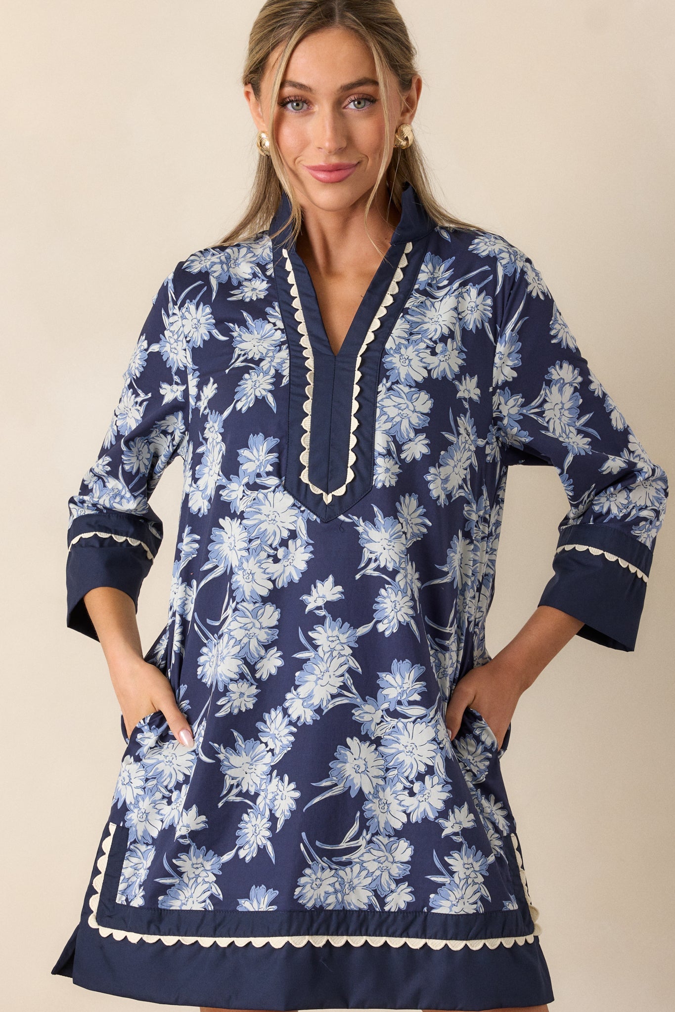 Orchid's Whisper 100% Cotton Navy Floral Long Sleeve Mini Dress