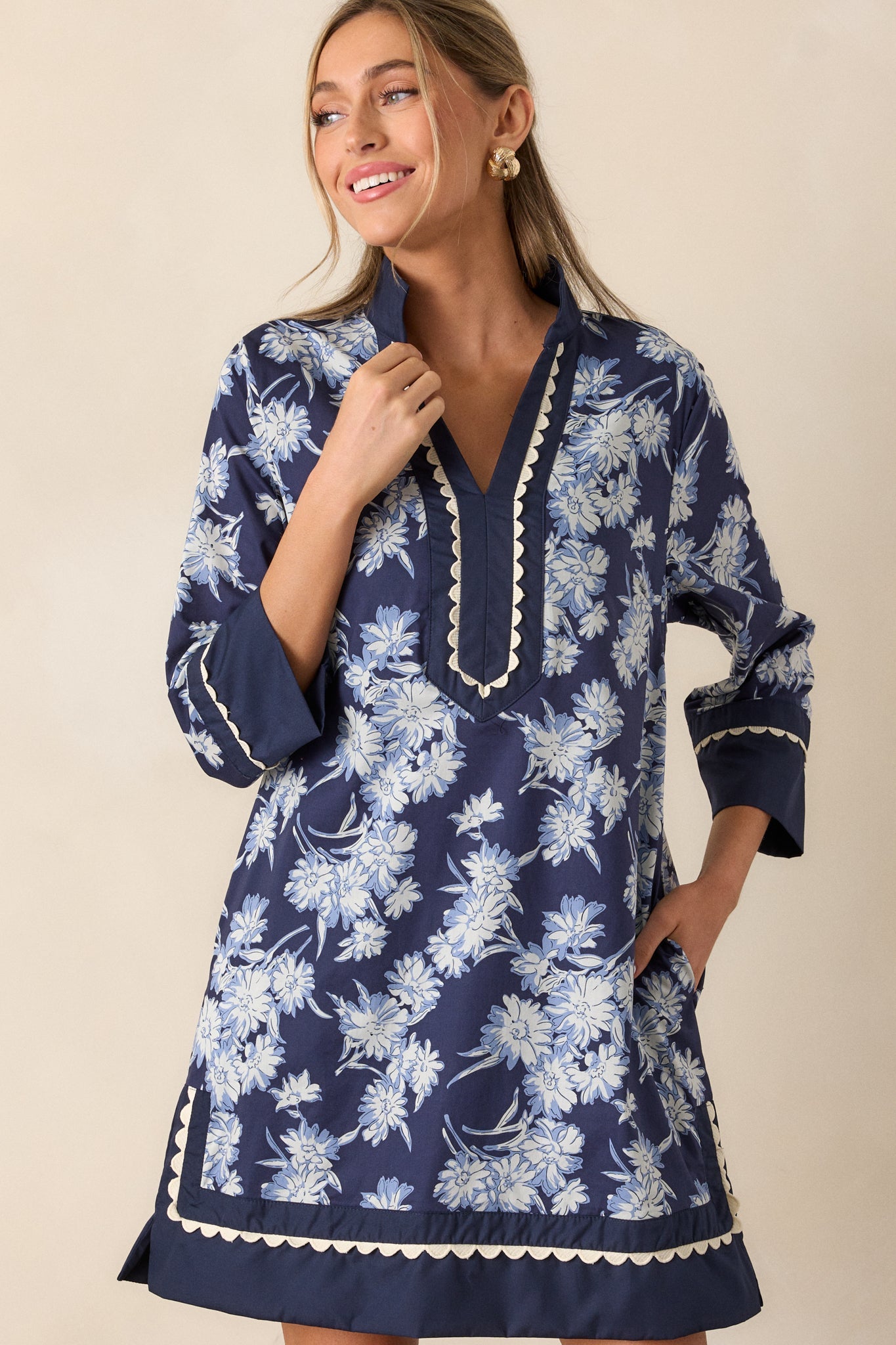 Orchid's Whisper 100% Cotton Navy Floral Long Sleeve Mini Dress