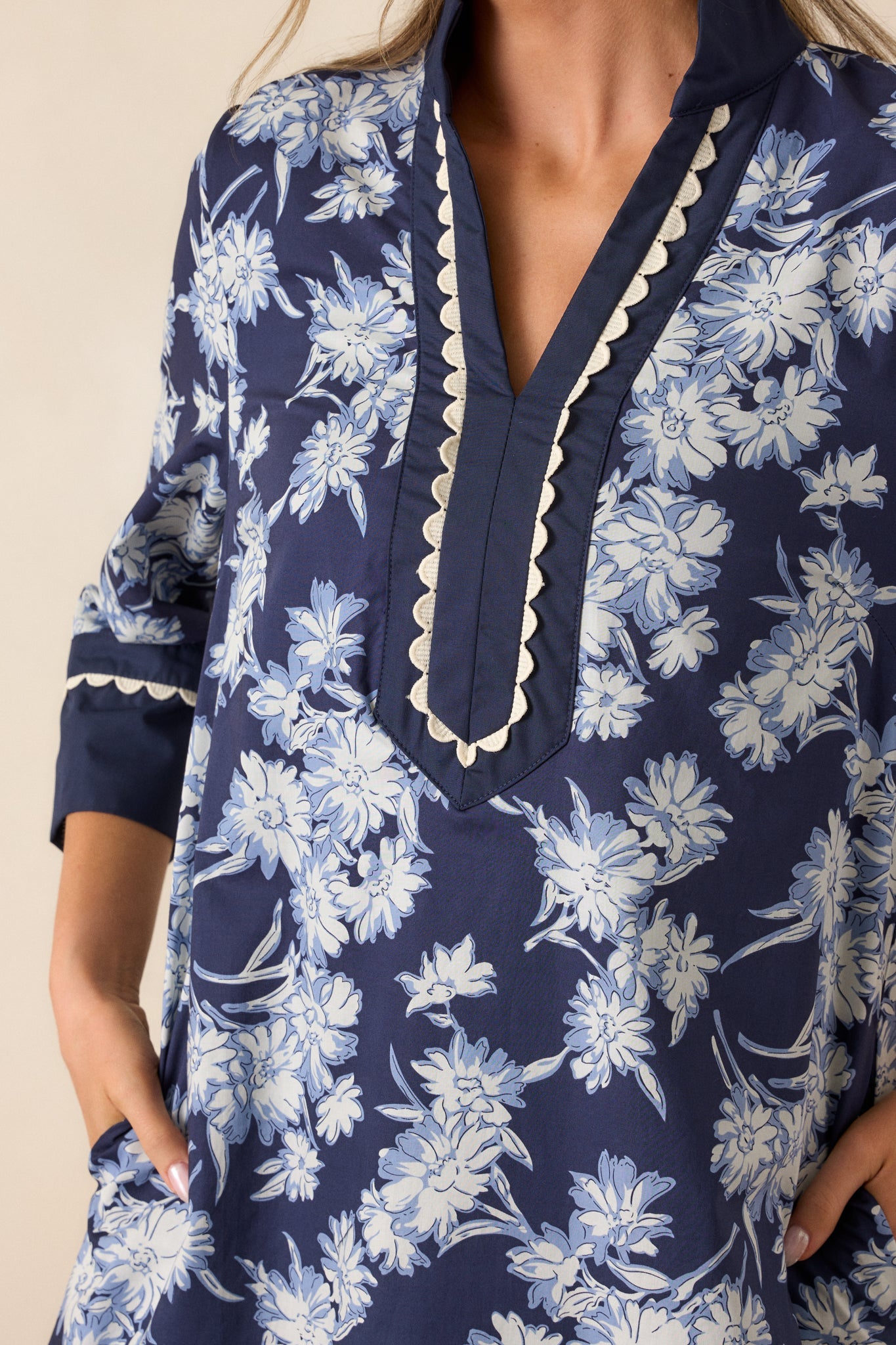 Orchid's Whisper 100% Cotton Navy Floral Long Sleeve Mini Dress