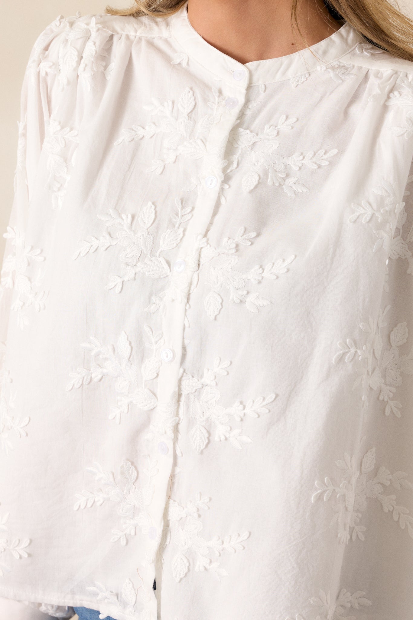 On My Own 100% Cotton White Floral Button Front Blouse