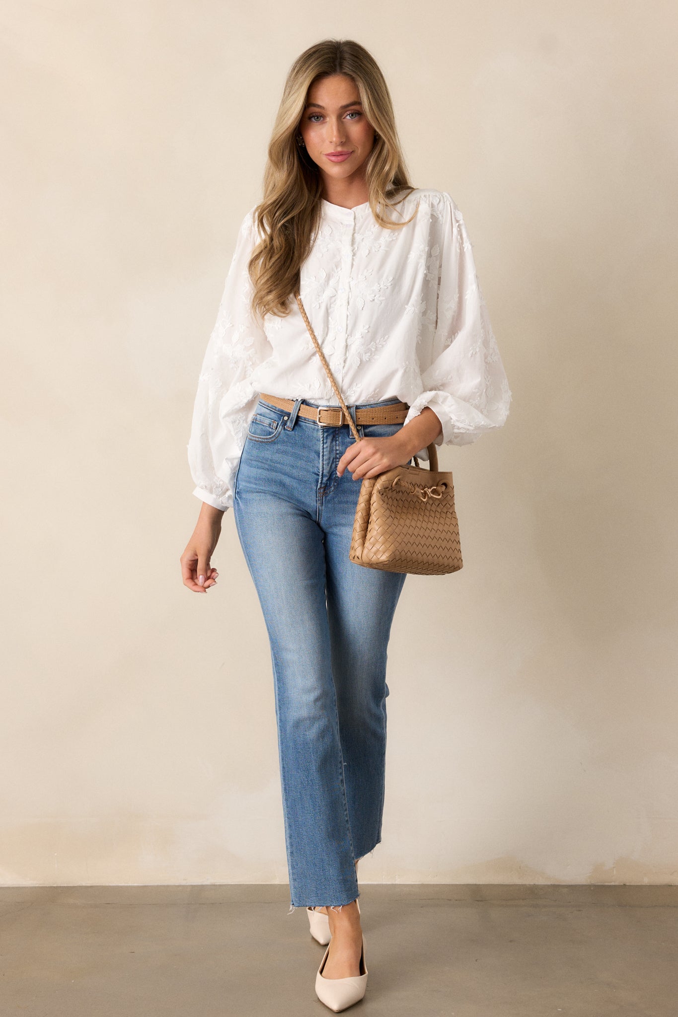 On My Own 100% Cotton White Floral Button Front Blouse