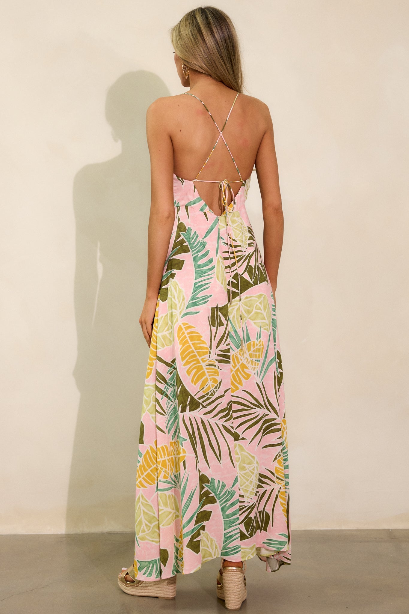 Palm Haven Light Pink Tropical Print Maxi Dress