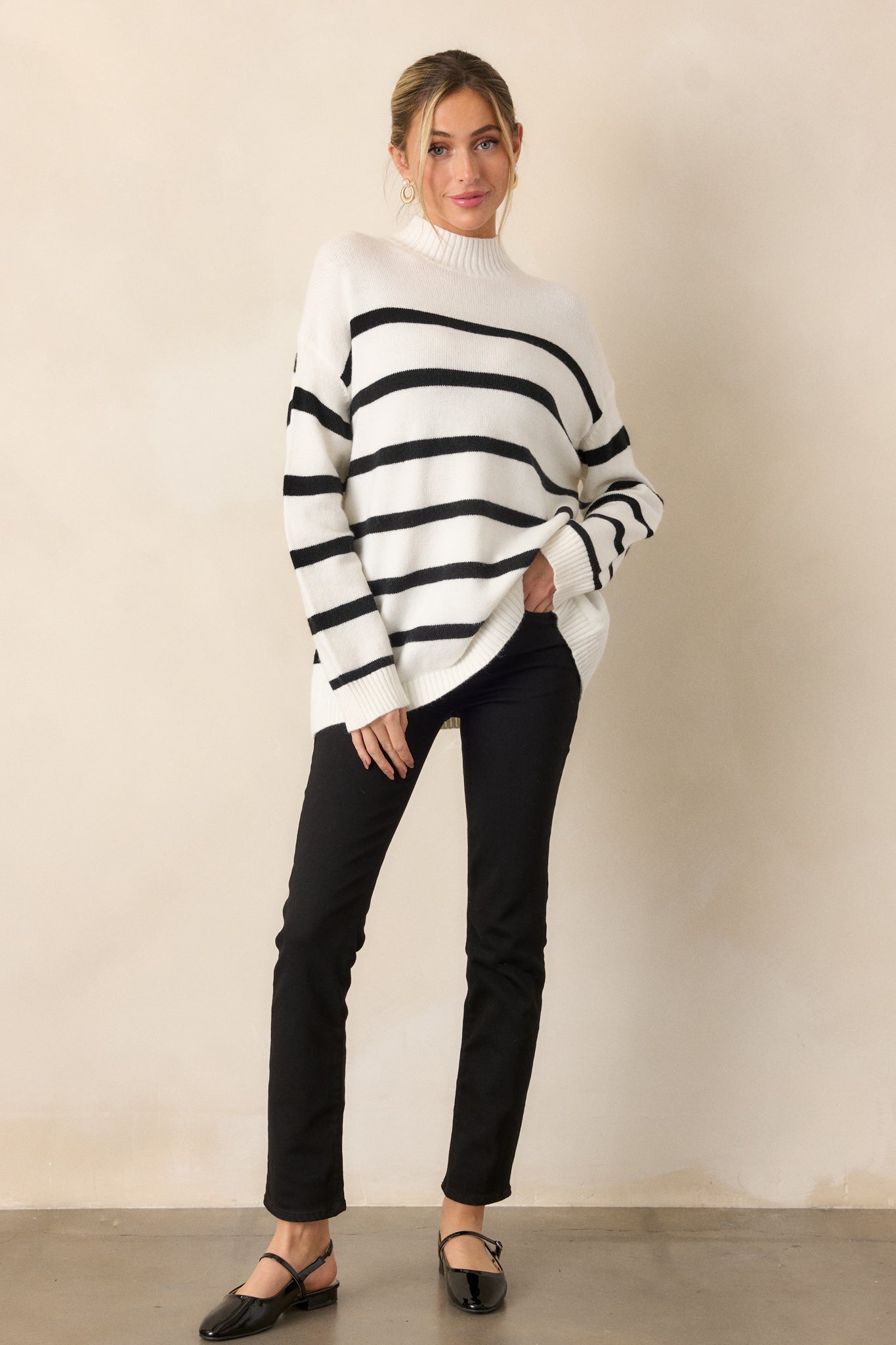 Looks Of Love White Stripe Mock Neck Sweater