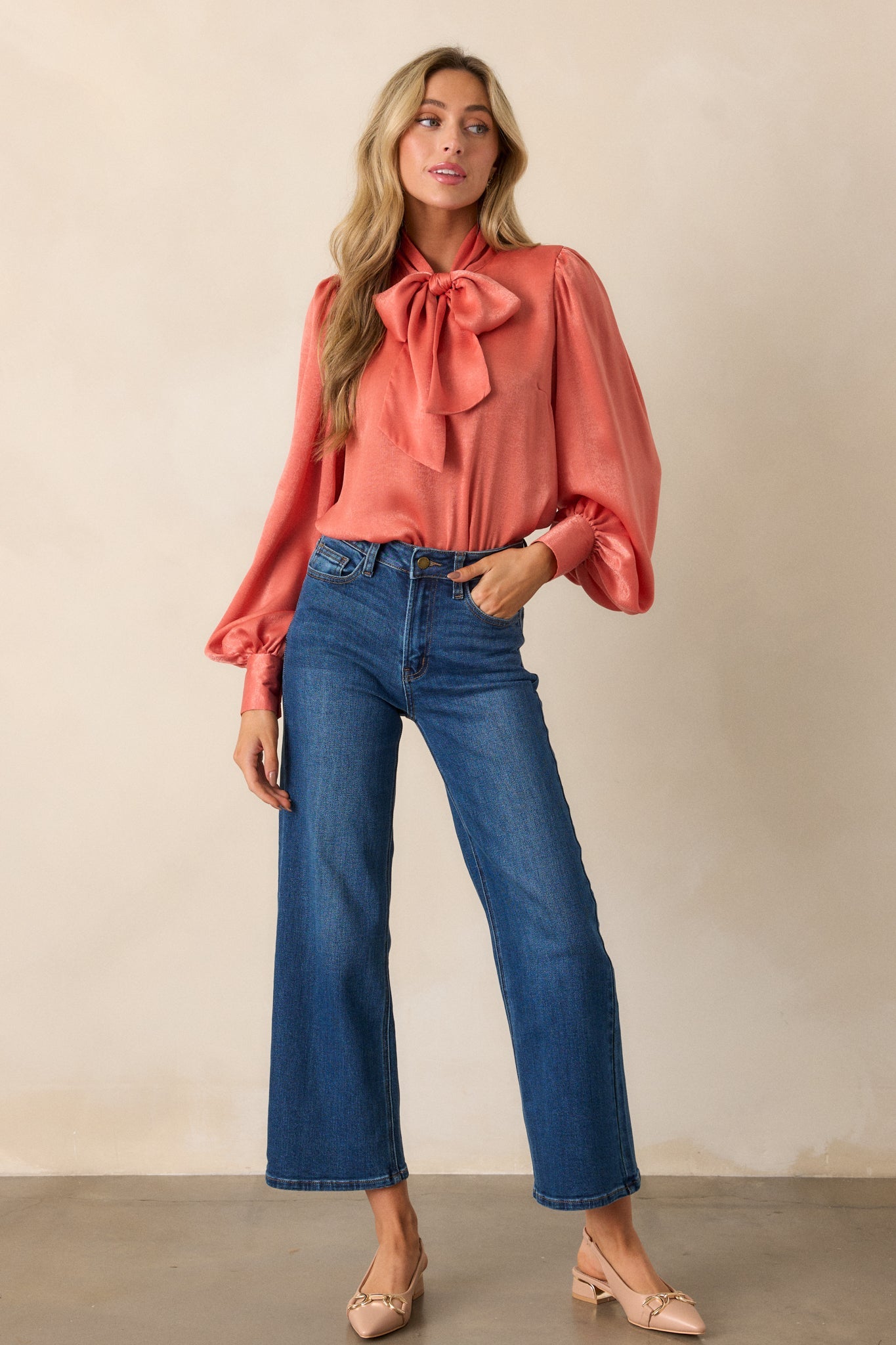 I'm In Charge Pink Coral Tie Neck Top