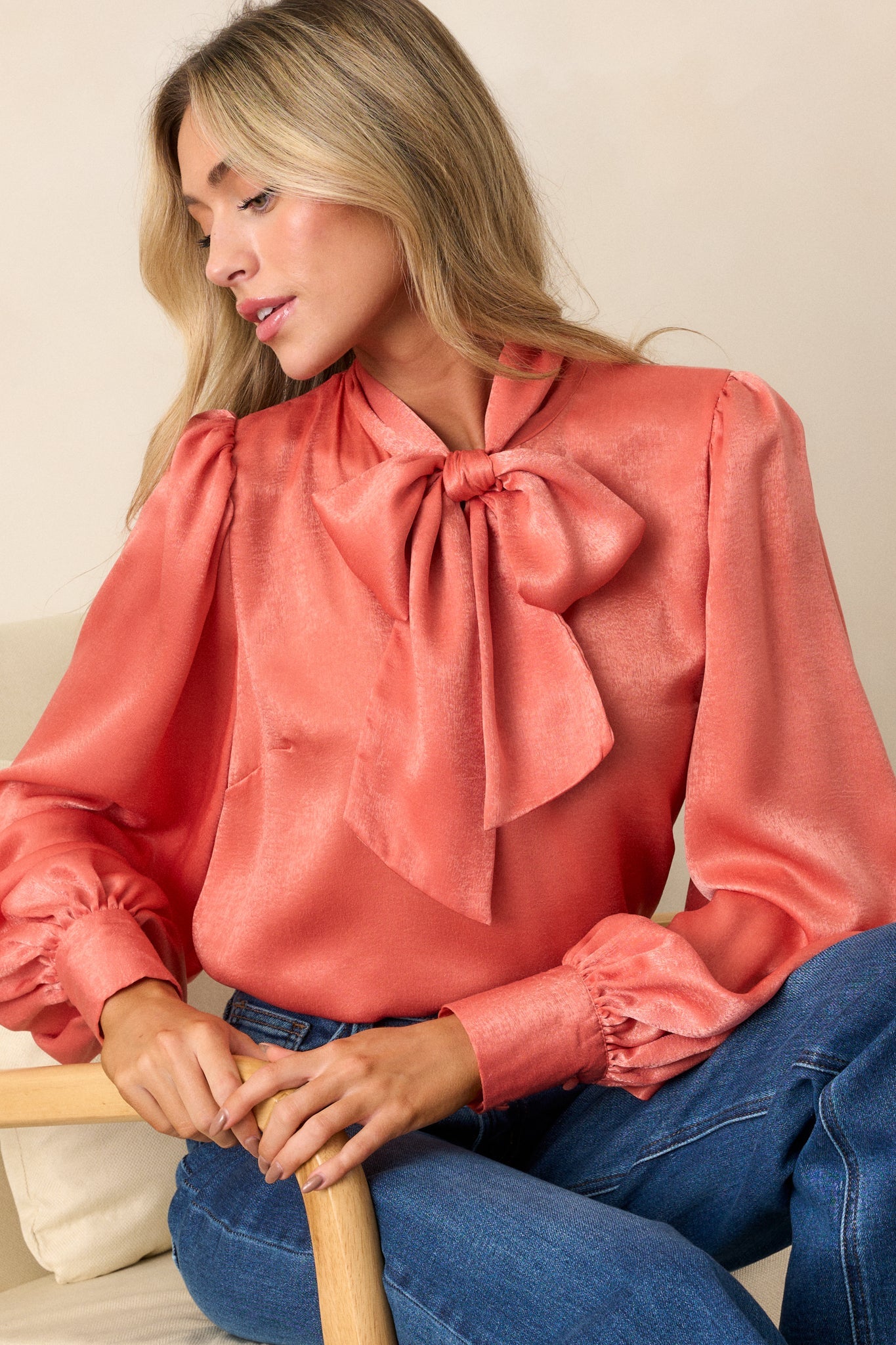 I'm In Charge Pink Coral Tie Neck Top