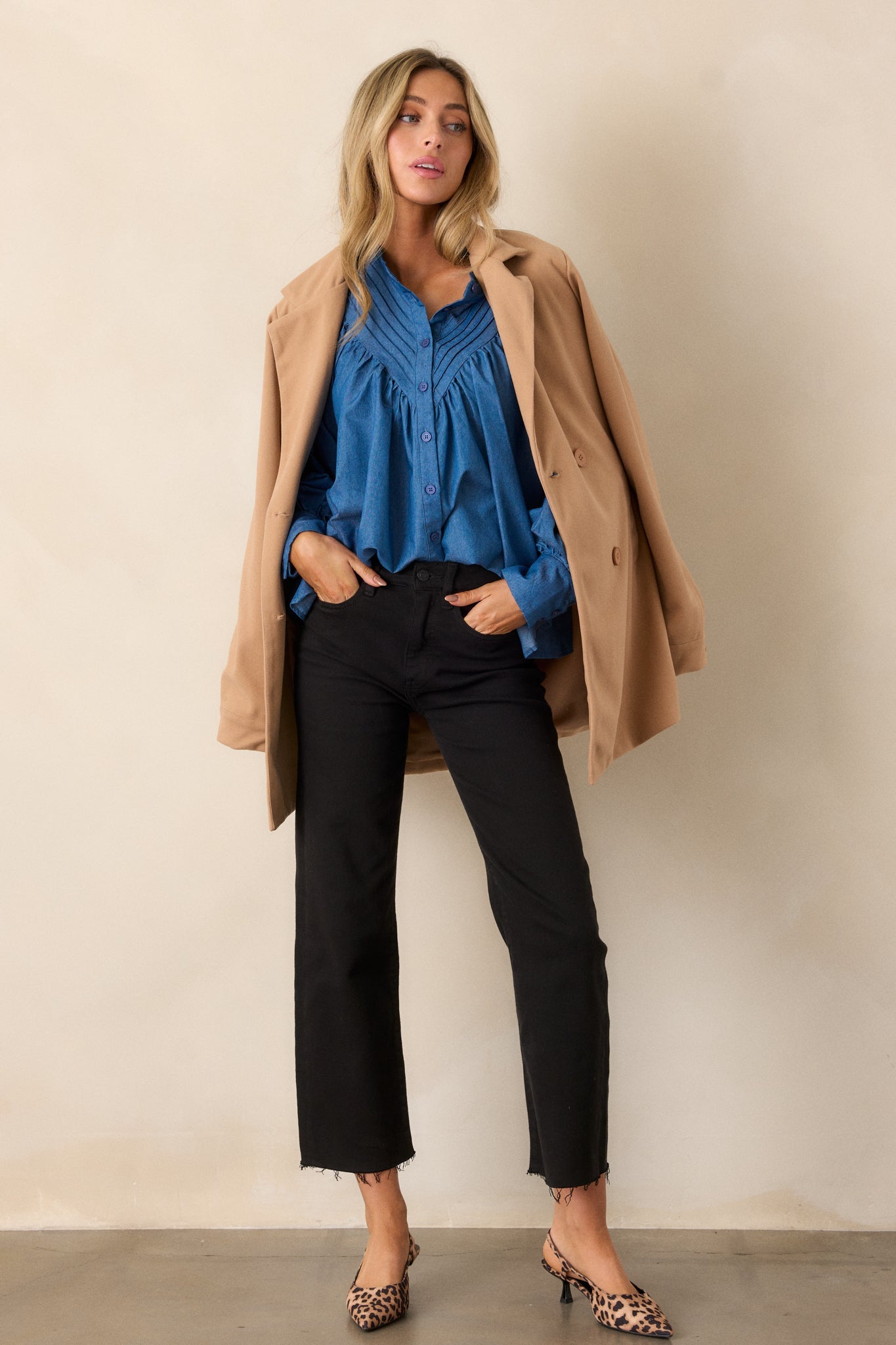 See What Happens Medium Wash Chambray Blouse