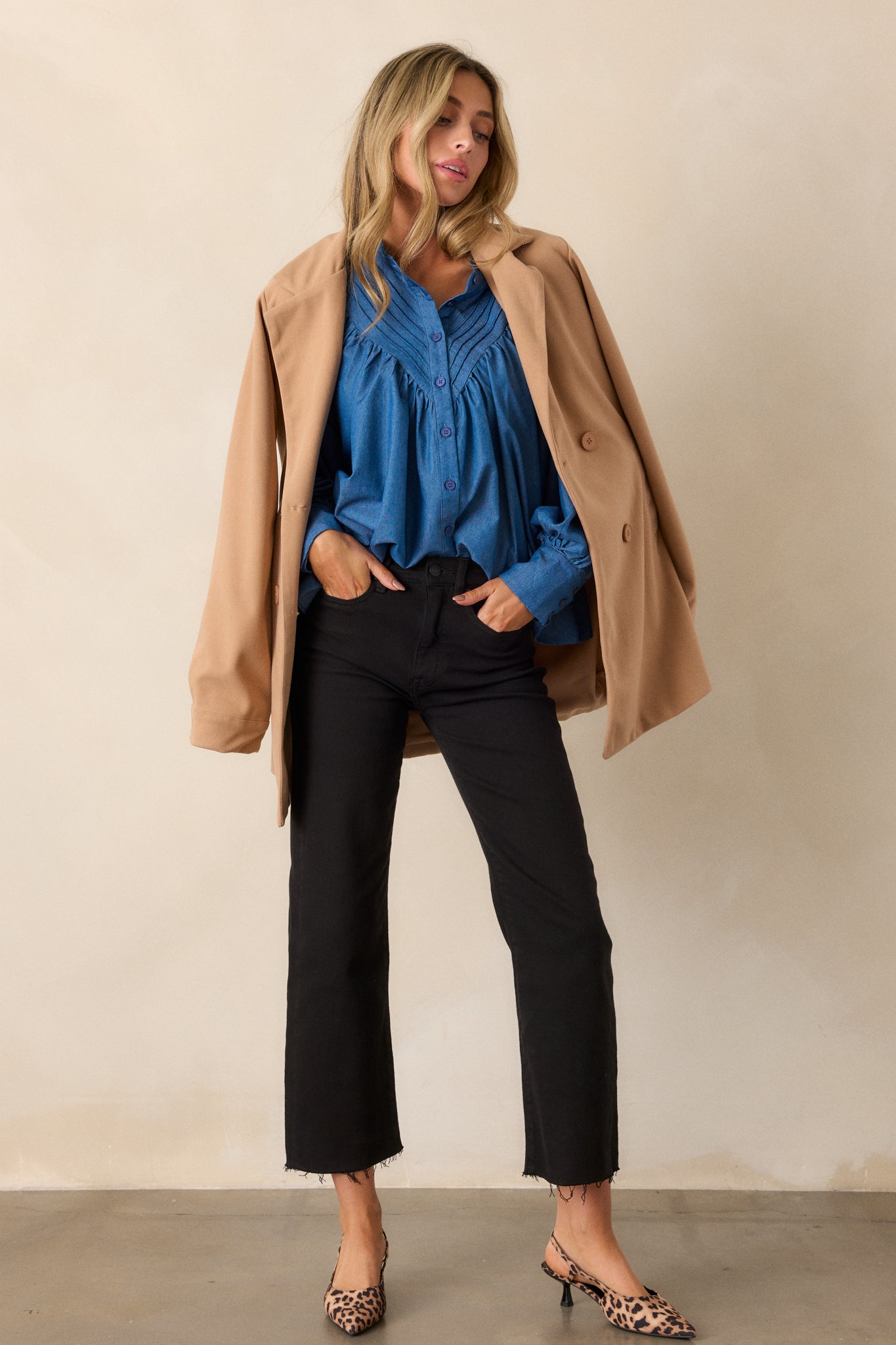 See What Happens Medium Wash Chambray Blouse