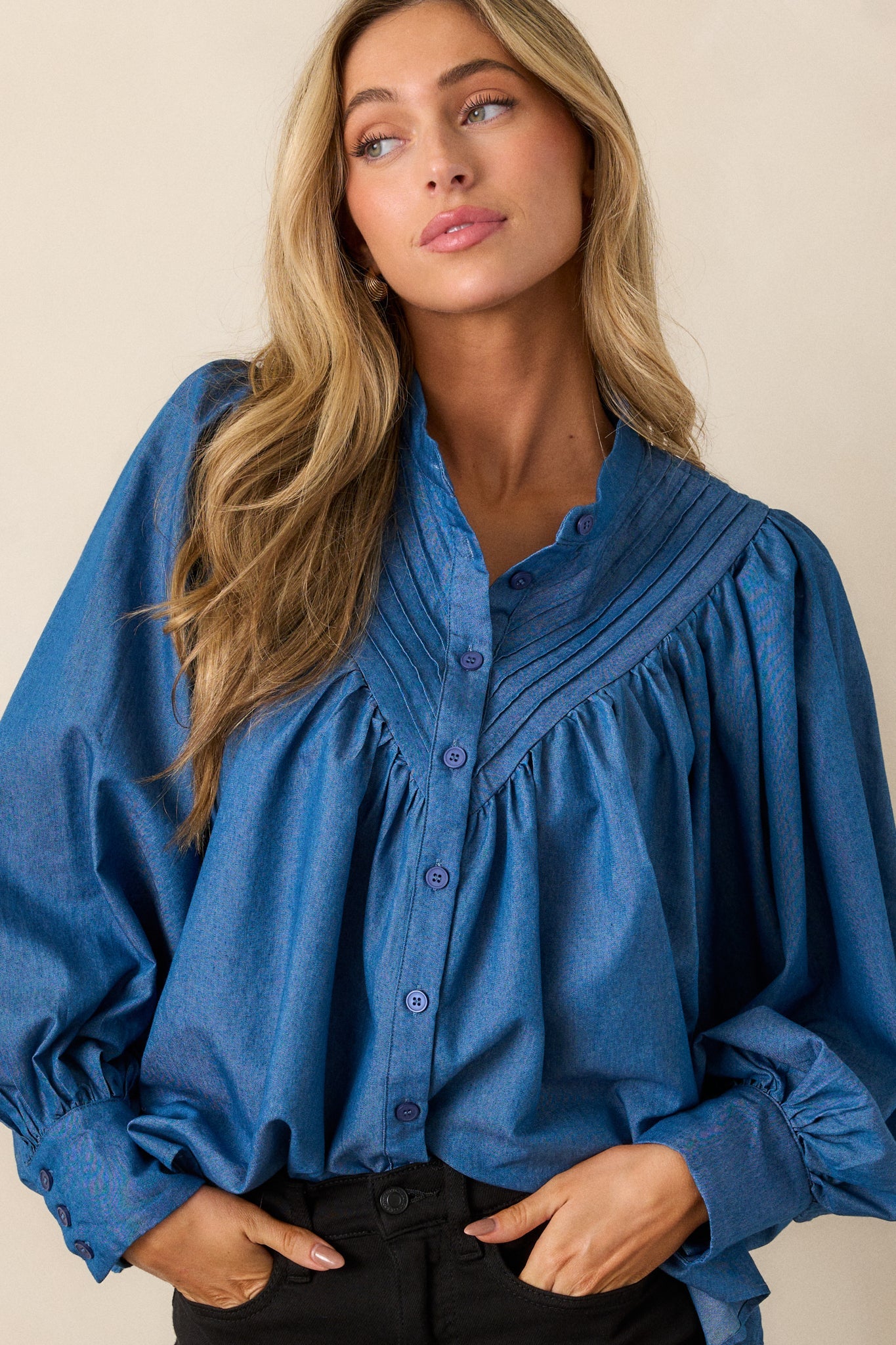 See What Happens Medium Wash Chambray Blouse