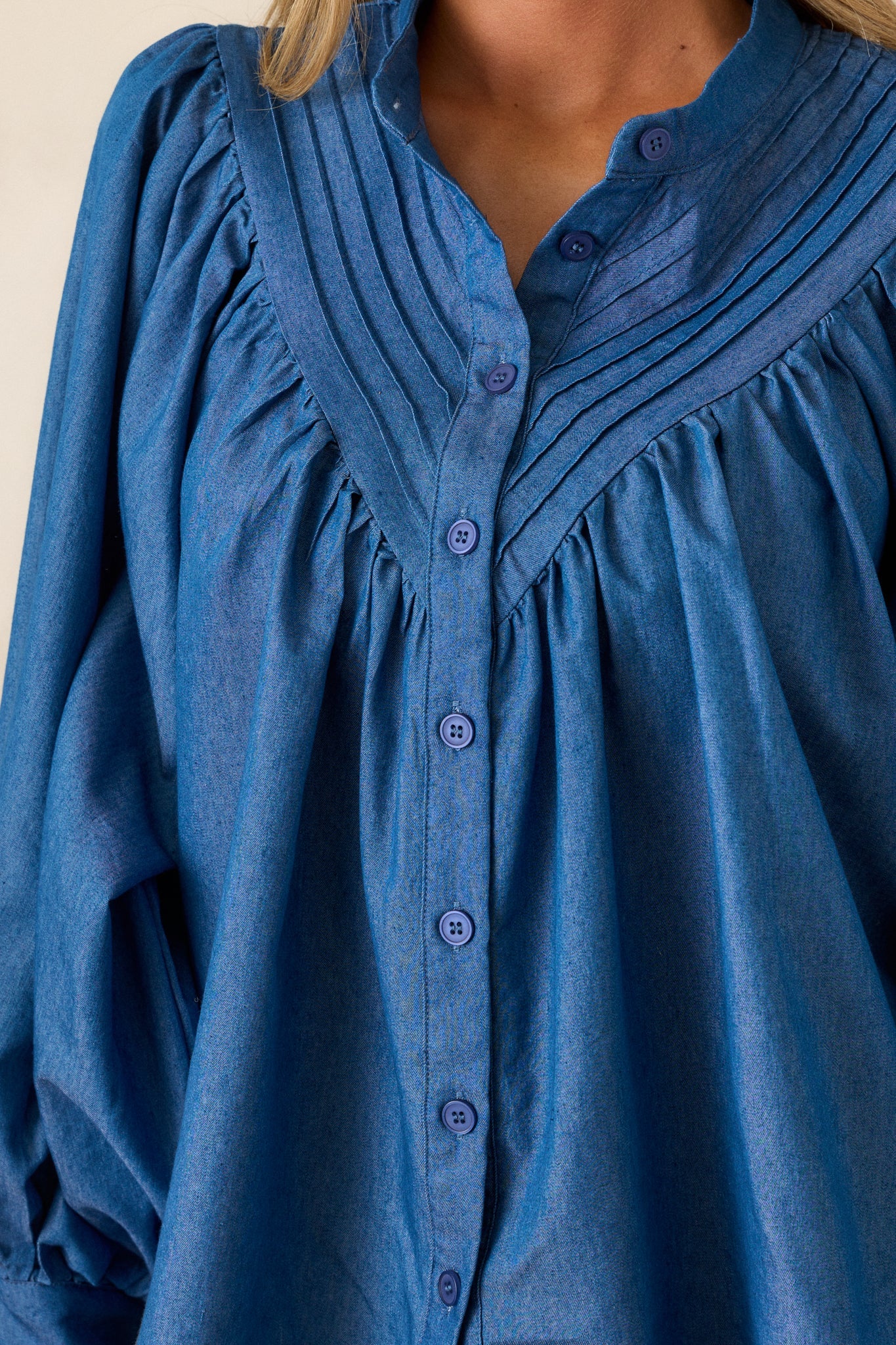See What Happens Medium Wash Chambray Blouse