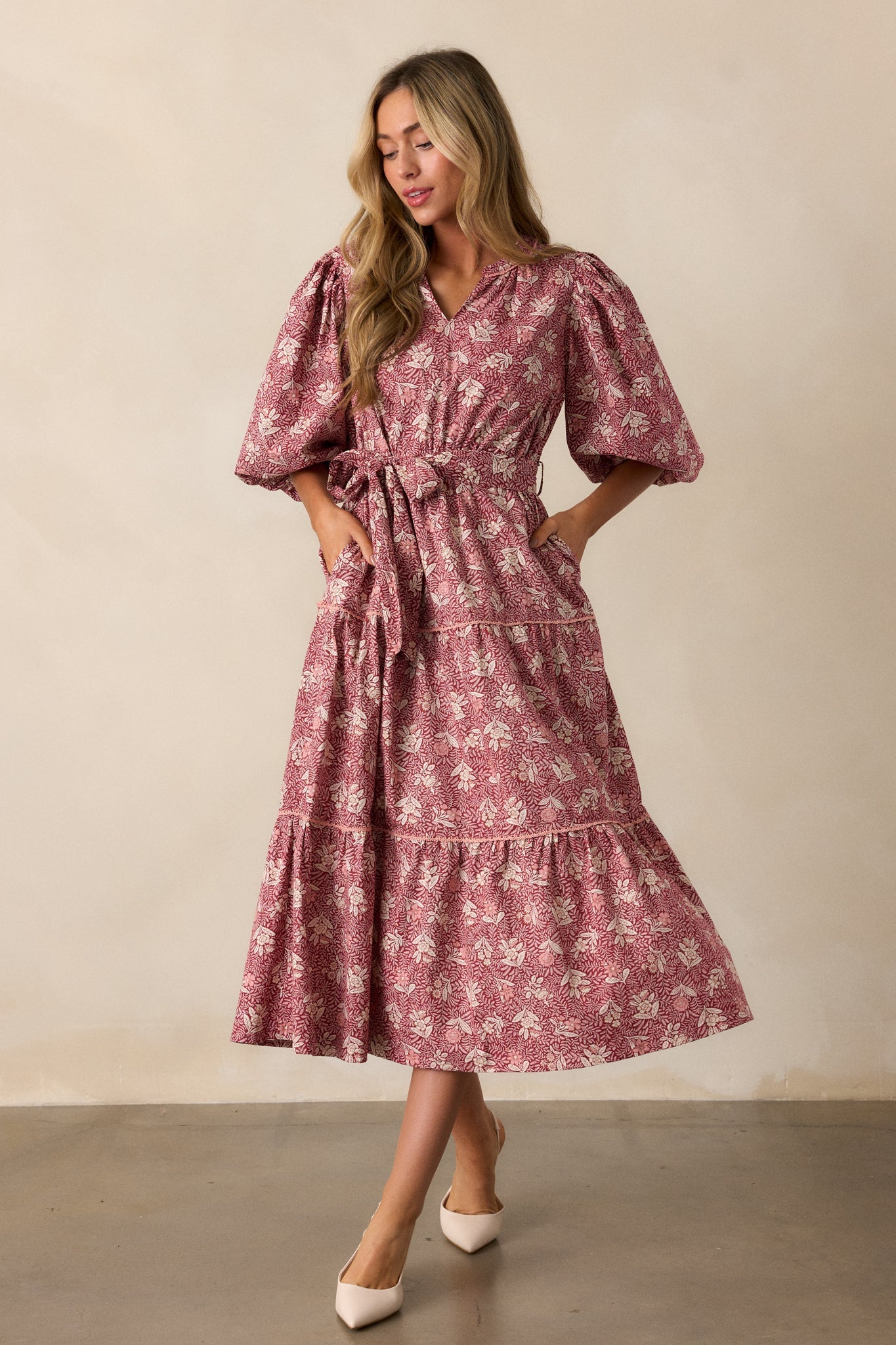 Rustic Allure 100% Cotton Dark Sangria Floral Midi Dress