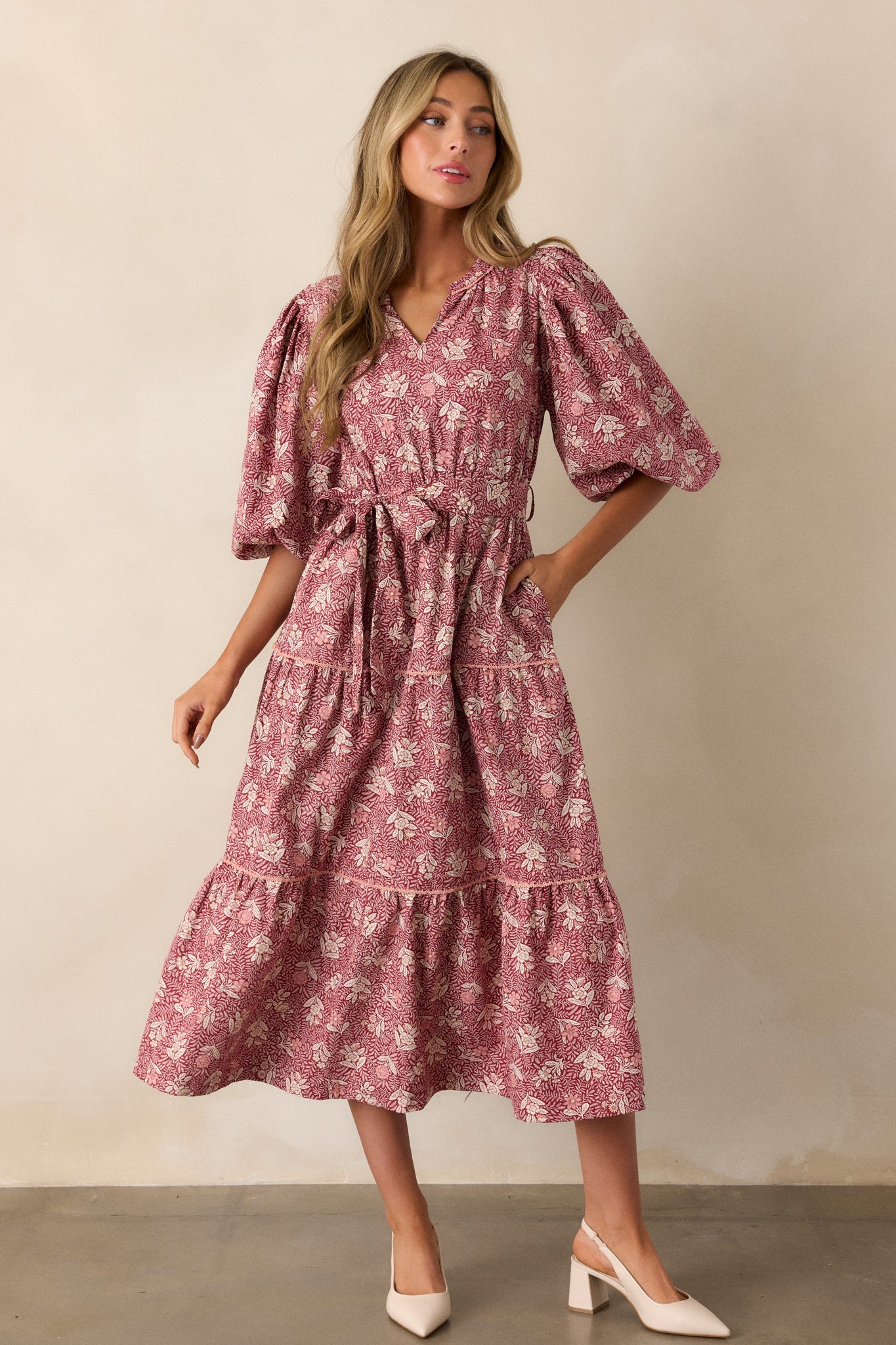 Rustic Allure 100% Cotton Dark Sangria Floral Midi Dress