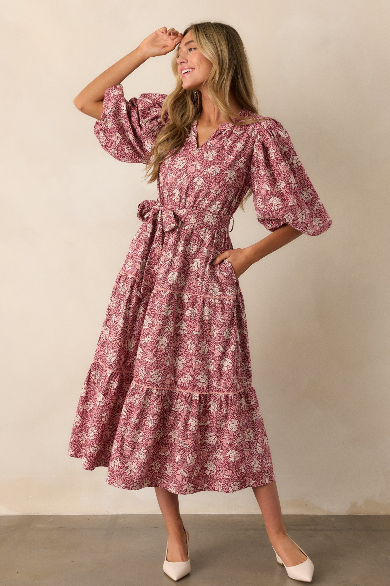 Rustic Allure 100% Cotton Dark Sangria Floral Midi Dress