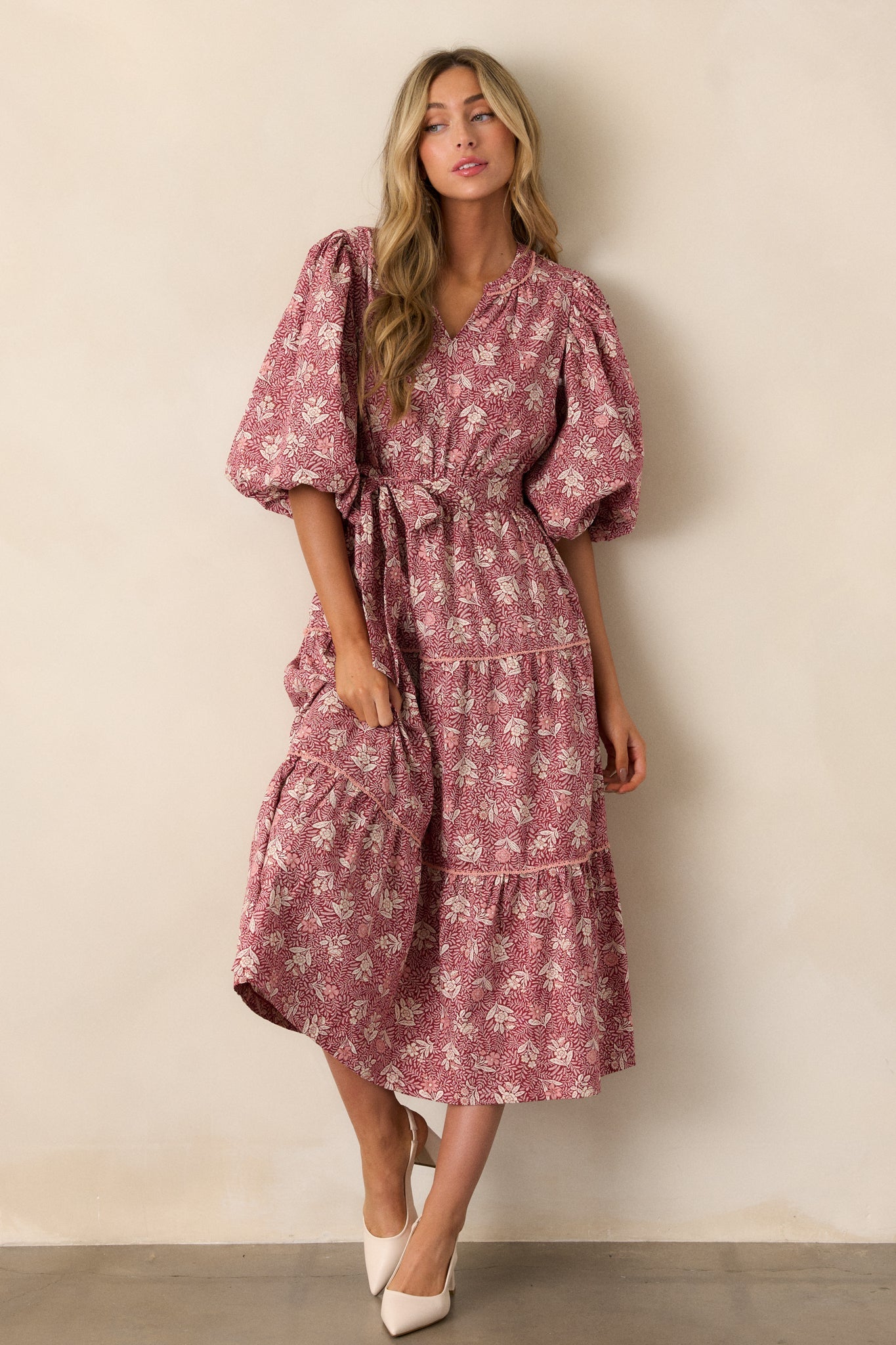 Rustic Allure 100% Cotton Dark Sangria Floral Midi Dress