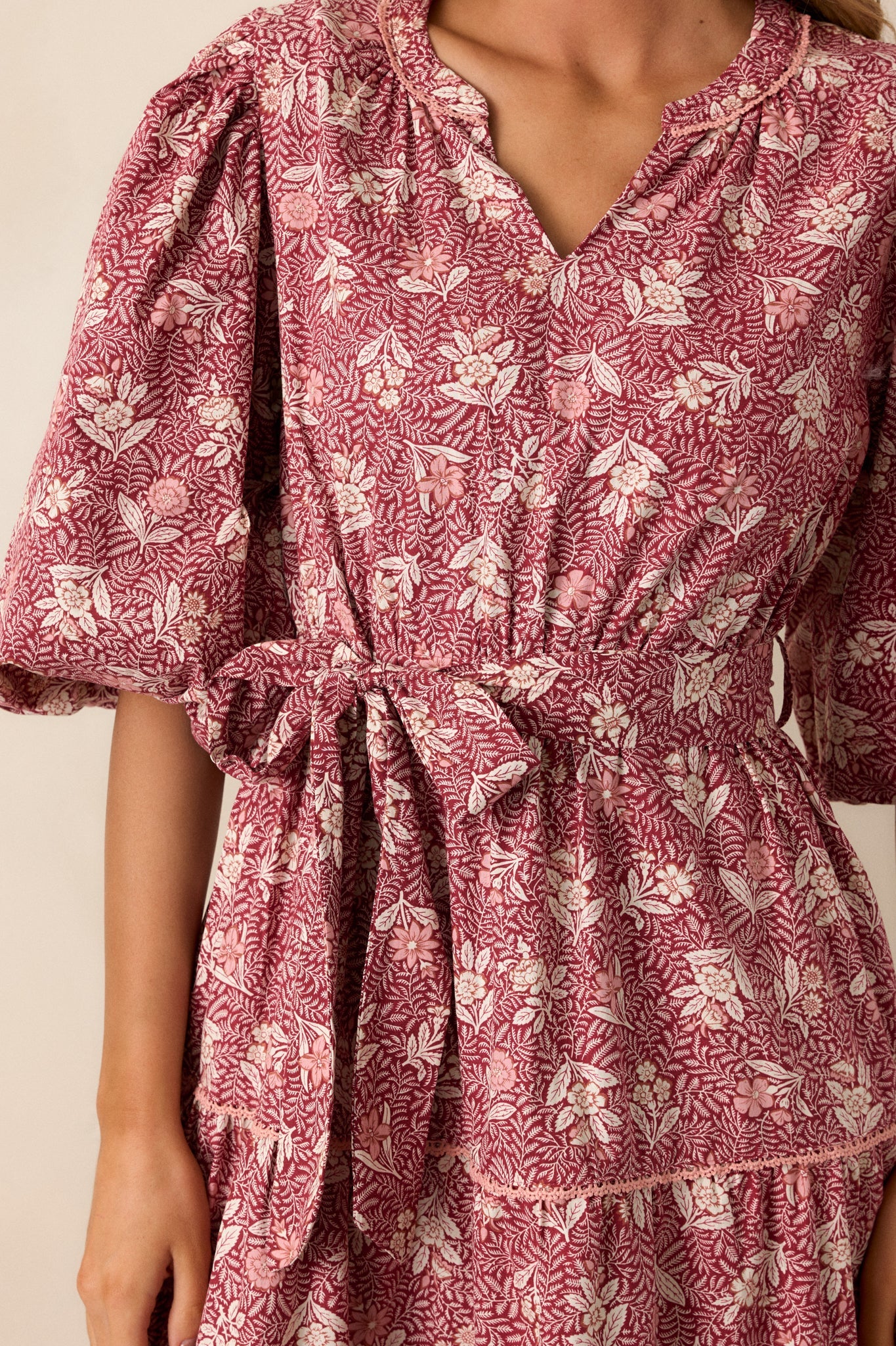 Rustic Allure 100% Cotton Dark Sangria Floral Midi Dress